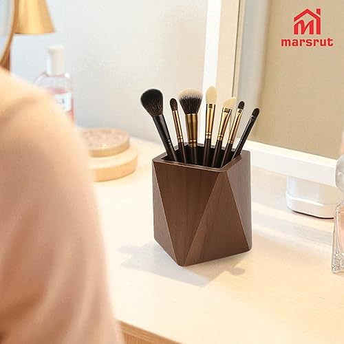 Miniatura 4 de Portalápices de madera, accesorios para lápices de madera, lindo organizador de tazas geométricas prismáticas, nogal negro, multifuncional para