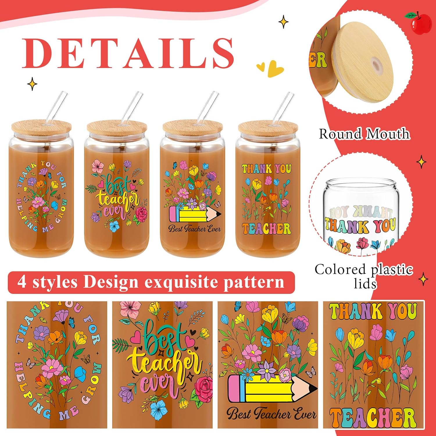 Zubebe 4 Pcs 16 oz Teacher Appreciation Gifts 2026 Graduation Gifts for Women Men Thank You Teacher Gift Glass Coffee Cups Tumbler with Bamboo Lids, Glass Straw and Cleaning Brush(Floral)