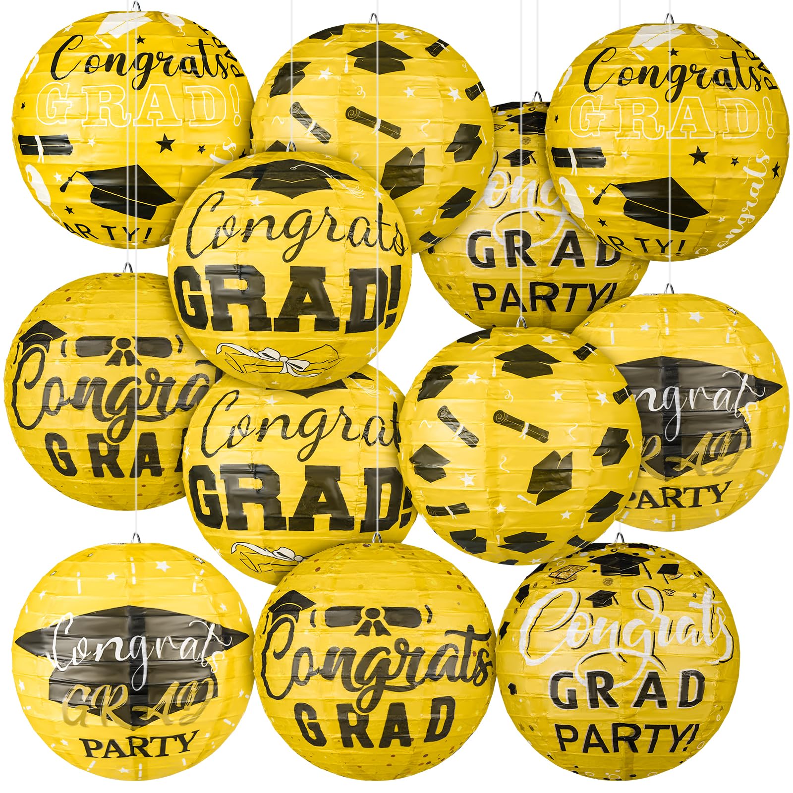 Photo 1 of Panelee 12 Pieces Graduation Hanging Paper Lanterns Grad Congrats Party Lanterns Graduation Lanterns Yellow Round Lanterns with Grad Hat Hanging Lanterns Graduation Party Decorations Supplies Yellow Grad