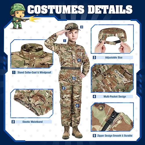 Miniatura 8 de GIFTINBOX Disfraz del ejército para niños, disfraz de soldado militar con accesorios de juguete, disfraces de Halloween para niños de 3 a 12 años