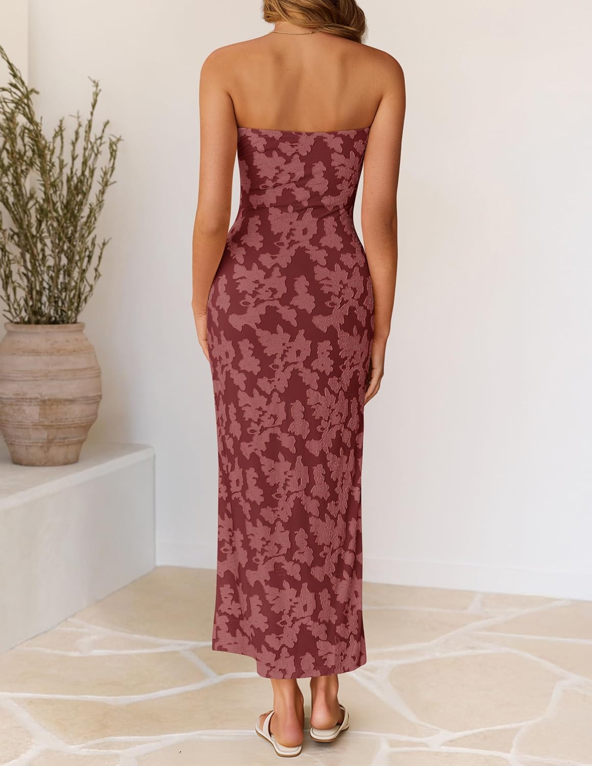 ZESICA Women's 2026 Summer Floral Strapless Maxi Dress Bodycon Tube Side Slit Mesh Wedding Guest Cocktail Party Long Dresses - Image 5