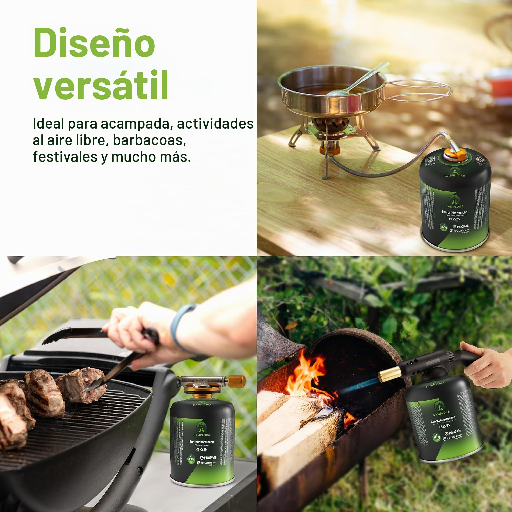 CAMPLORA 4 cartuchos de gas de 450 g adecuados para barbacoa de gas Weber serie Q100/1000, gas propano y gas butano, cartucho de rosca con rosca para hornillo de camping, cartuchos de gas, válvula de
