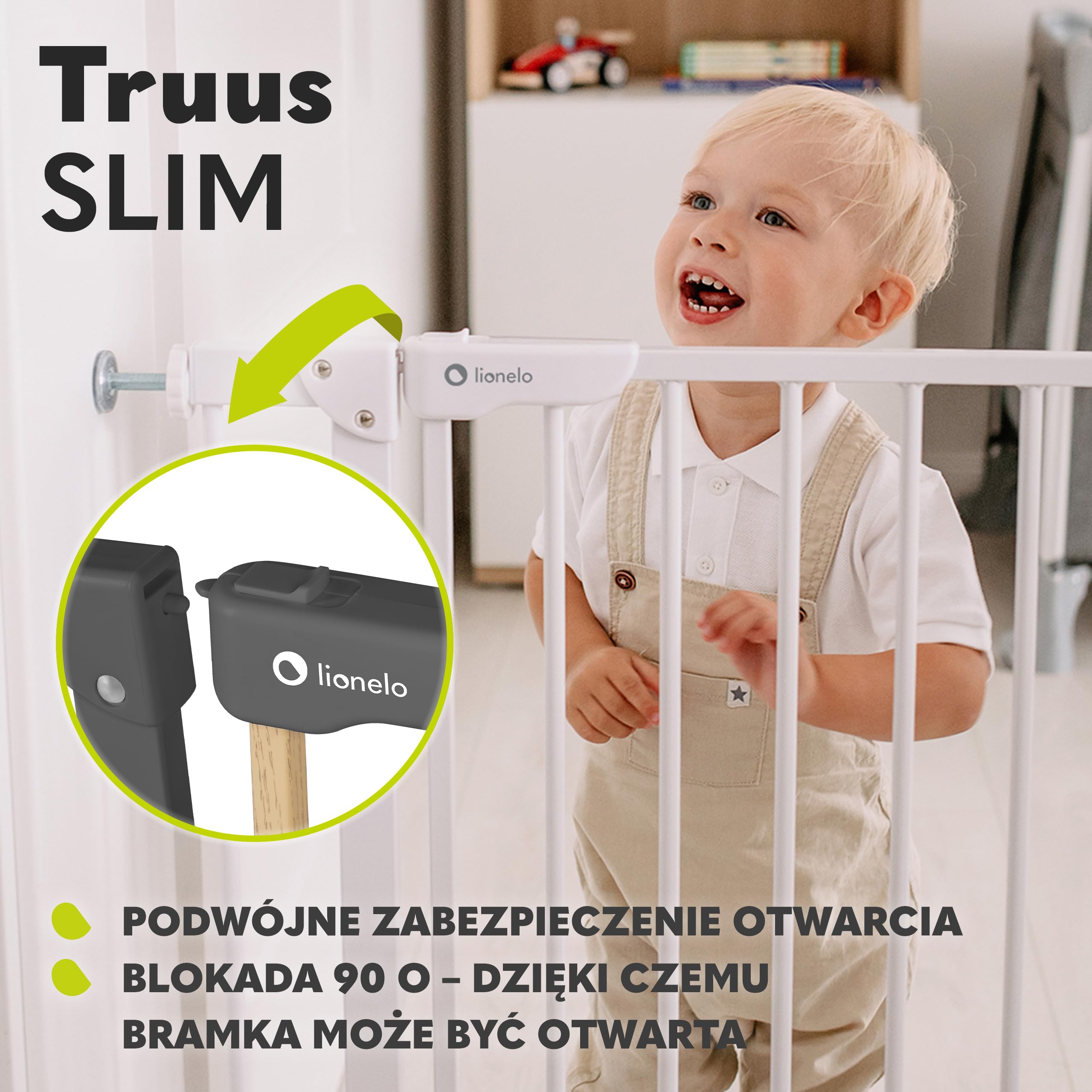 LIONELO Truus Slim Barierka Ochronna do Drzwi dla Niemowląt, Regulacja Szerokości 75-105 cm Silikonowe Osłonki, Automatyczne Zamknięcie, Dwustronne Otwieranie Blokada Zamknięcia