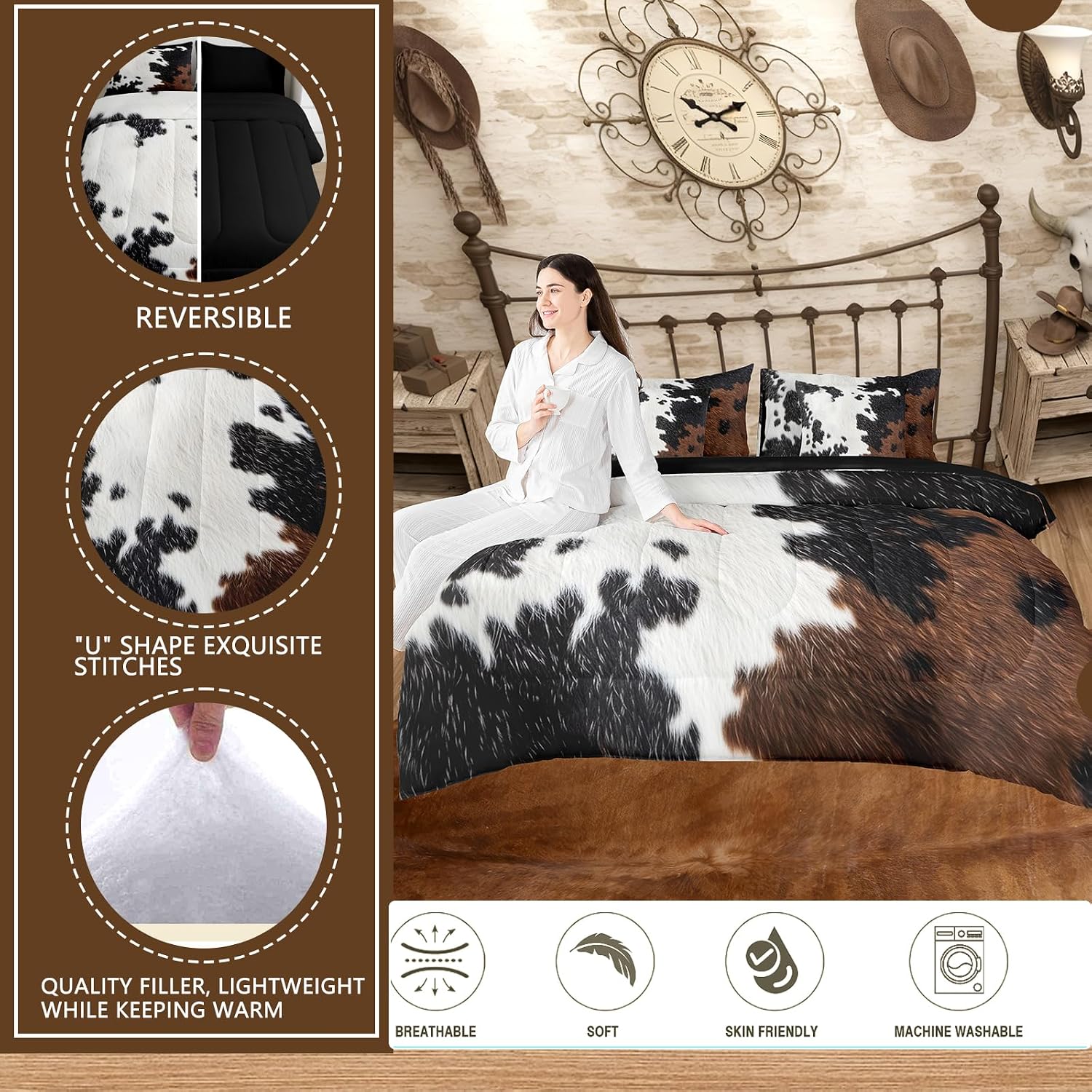 jejeloiu Cow Fur Print Comforter Set with Sheets 7 Piece Queen Size Cowhide Bedding Set for Kids Boys Girls Farmhouse Bed in a Bag Western Farm Animal Skin Room Decor Soft Lightweight Microfiber