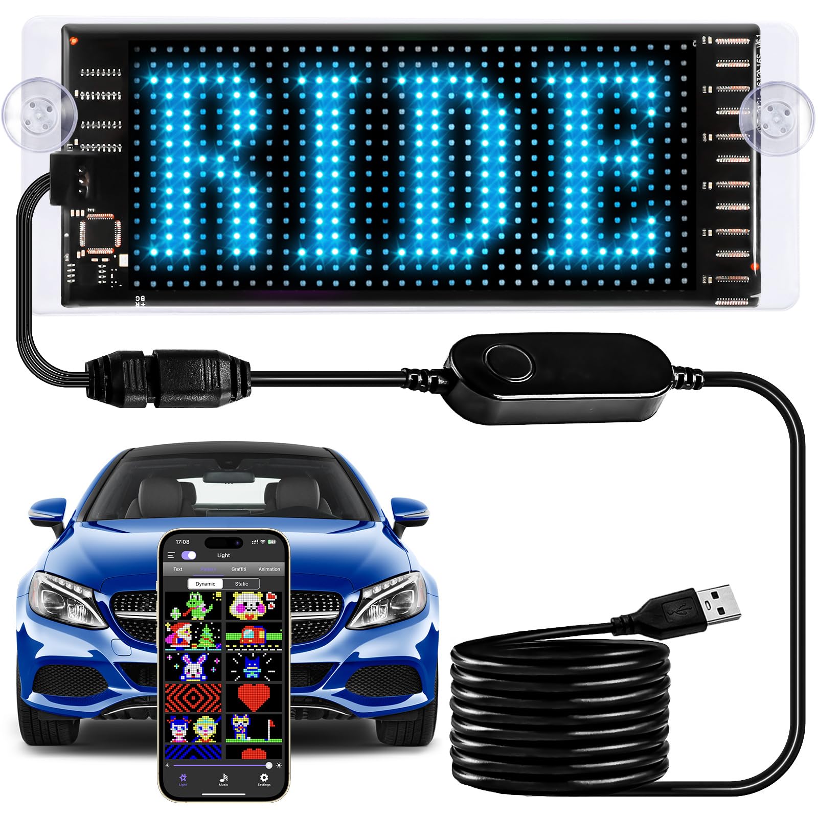 Light Sign for Car, 6.7''x2.7'' Programmable Flexible LED Matrix Panel, Bluetooth APP Control Custom Text Pattern Animation Scrolling LED Display for Car Windshield
