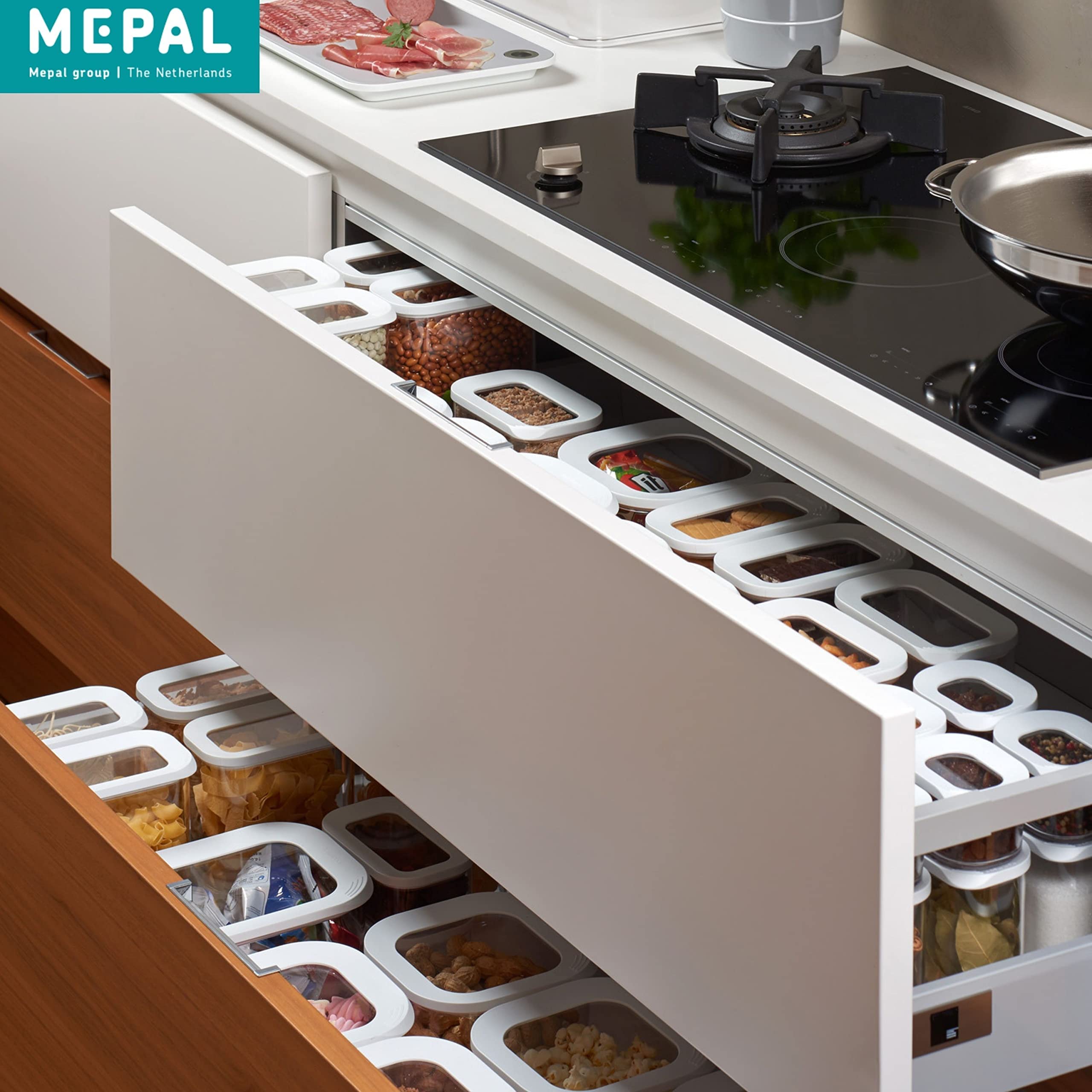 Mepal 7-teiliges Set Vorratsdosen mit Deckel - Lebensmittelbehälter Rechteckige - Küchenorganizer aus Kunststoff - Vorratsbehälter Luftdicht - 1x 2000 ml, 2x 1500 ml, 2x 1000 ml & 2x 425 ml - White