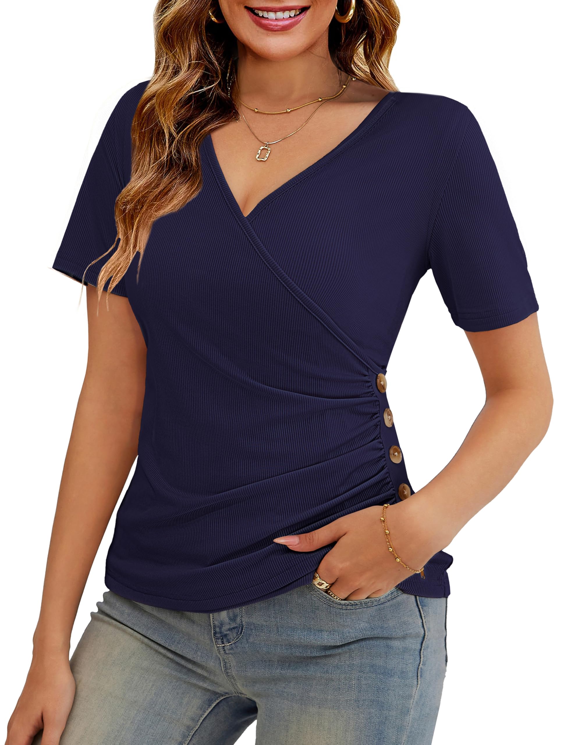 VOIANLIMO Women's Summer Tops Slim Fitted Deep V Neck Cross Wrap Tunic T-Shirt Side ruched Shirring Tees