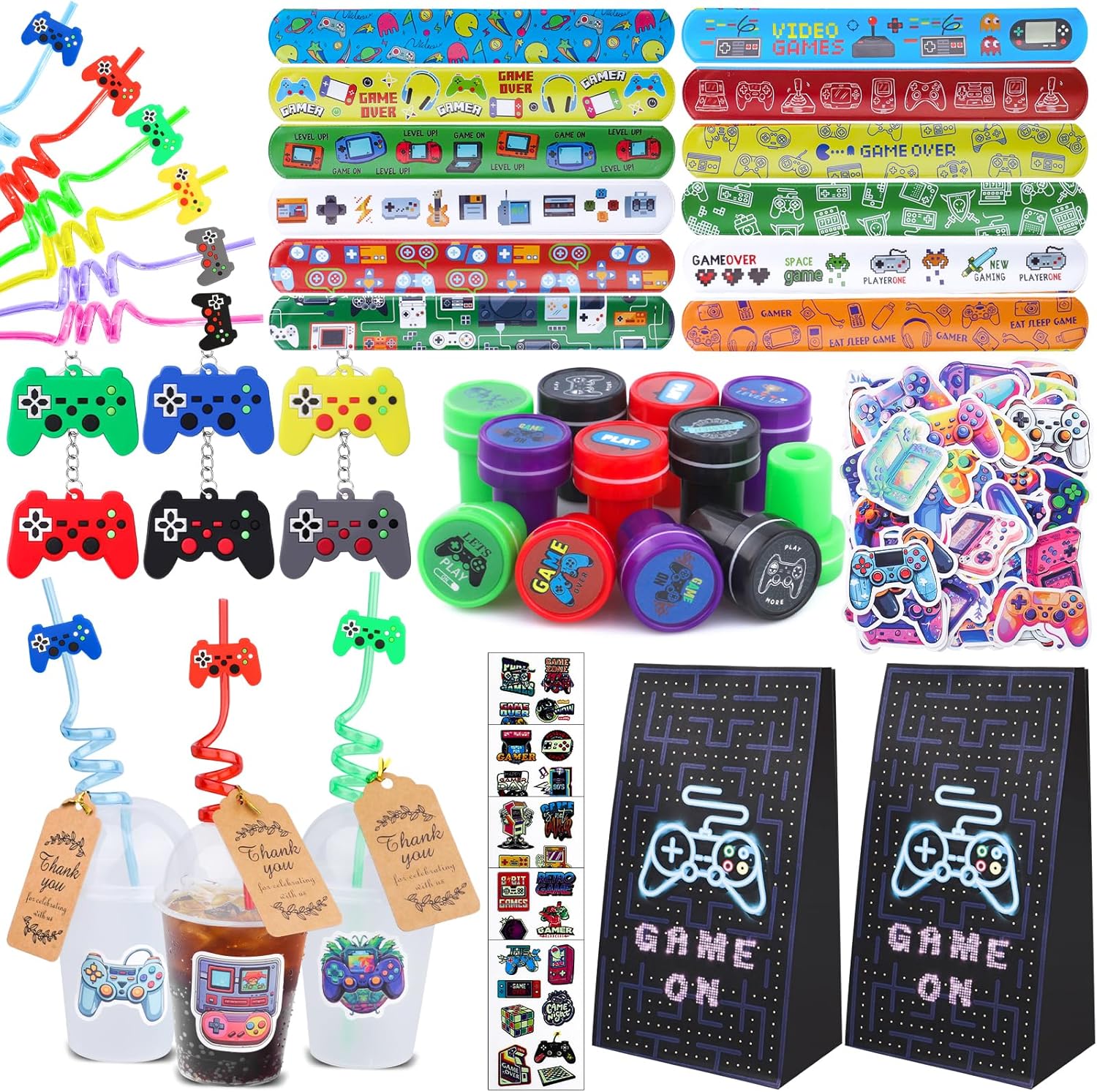 196Pcs Video Game Party Favors, Video Themed Birthday Party Supplies for Kids Video Keychian Stamper Slap Bracelet Bags Tattoo Sticker Video Game Goodies Bag Fillers
