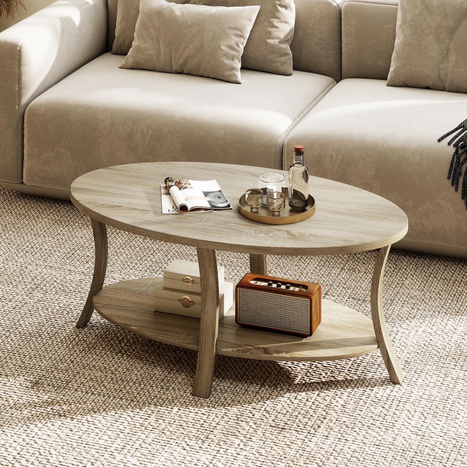LIFEZEAL Mesa de Centro Ovalada de Madera de Caucho, Mesa de Centro de 2 Niveles con Estante de Almacenaje, Mesa Rústica para Salón, Hogar, Oficina, 111 x 60,5 x 47 cm (Natural)