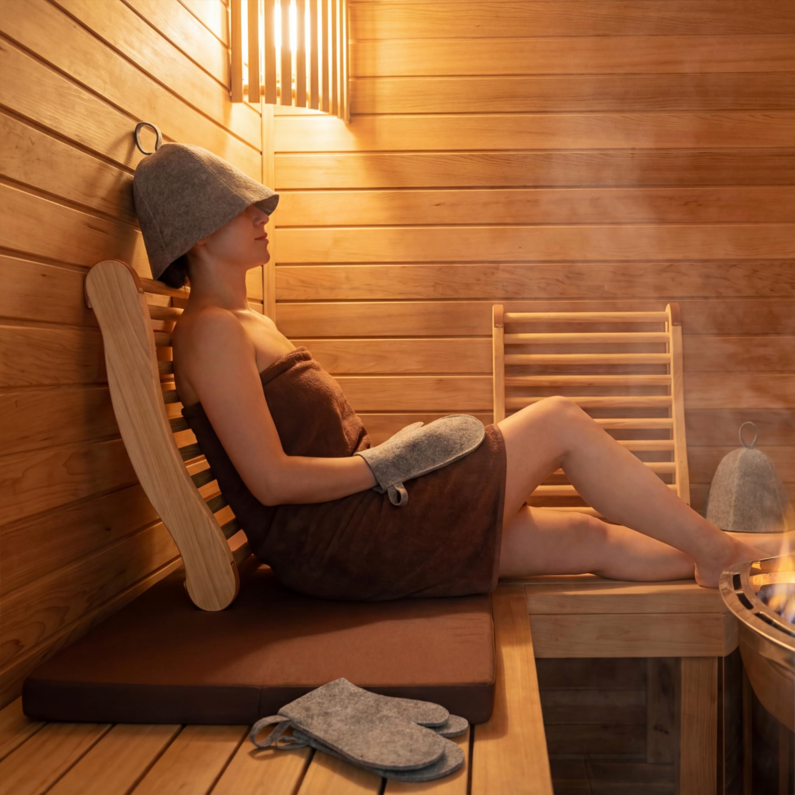 taiyin 9 pcs sauna accessories set: waterproof bench seat cushion 2 s shaped cedar wood backrests 2 felt heat protection hats & 4 insulated gloves for spa barrel infrared home sauna kit