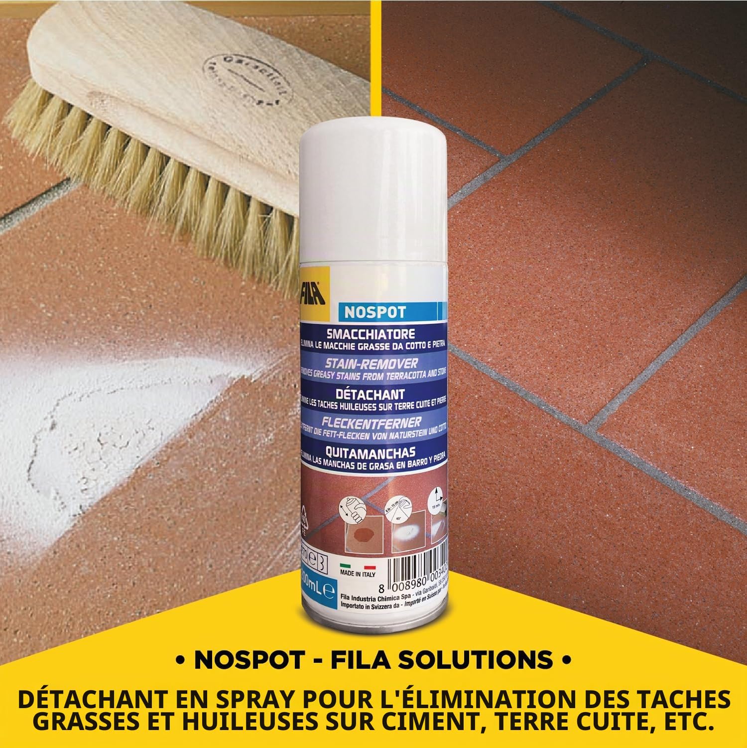 FILA Surface Care Solutions, Nospot Détachant spray pour taches grasses et huileuses, idéal sur cuit, klinker, pierre, granit, ciment, etc., blanc, 200 millilitres