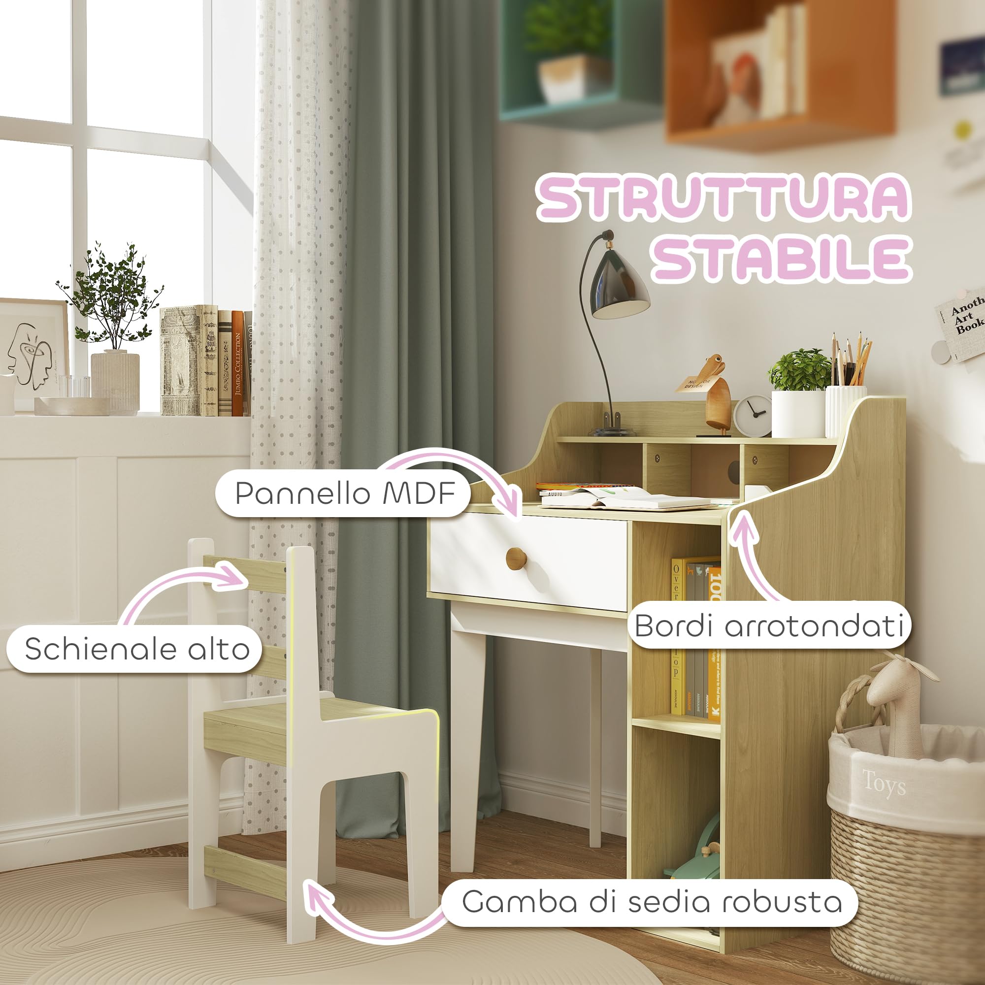 AIYAPLAY Set Scrivania per Bambini di 3-10 Anni e Sedia in MDF, Banco Scuola per Bambini con Ripiani Portaoggetti e Cassetto, Bianco e Legno