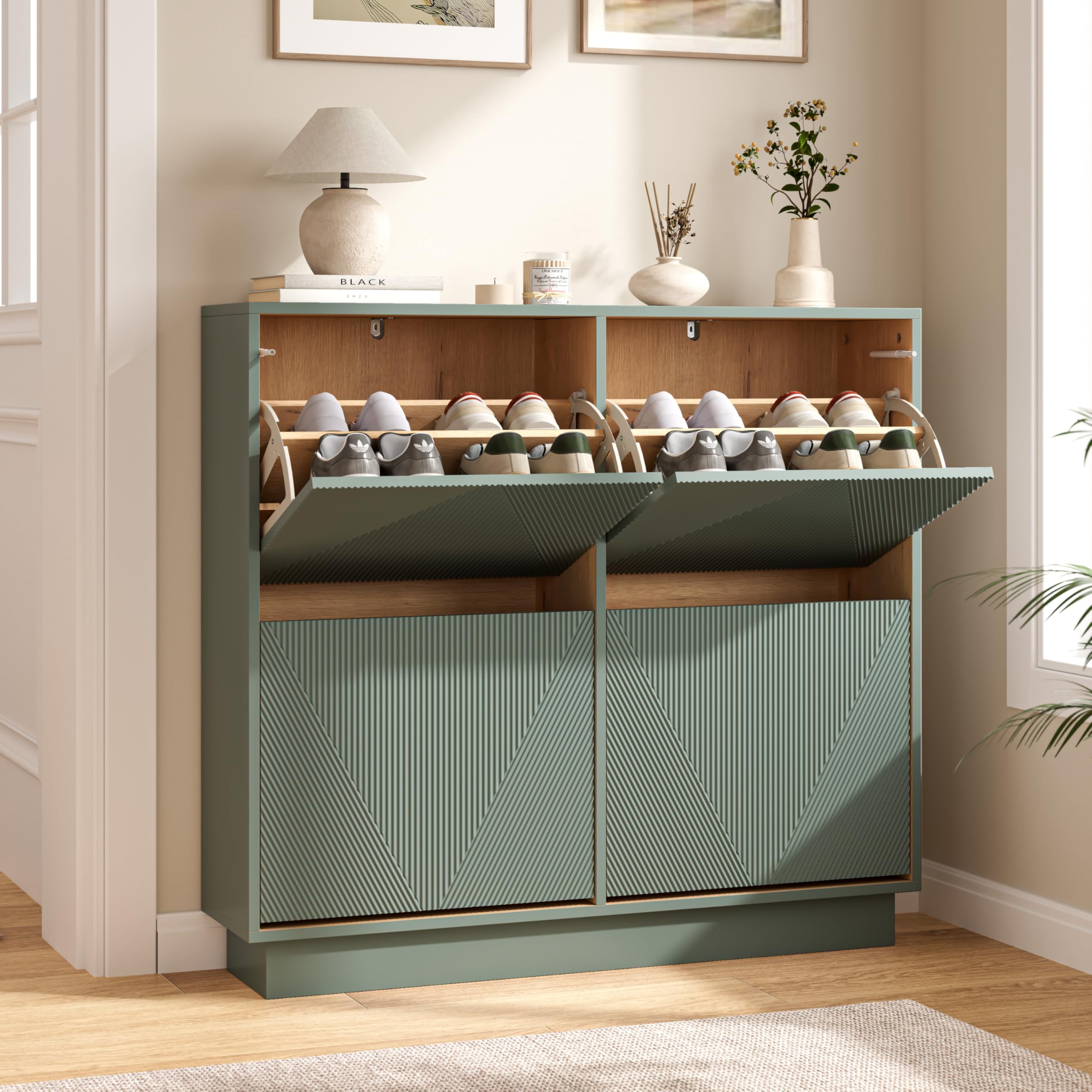 UEV Slim Shoe Cabinet with 4 Flip Drawers, Carved Line Fronts, Narrow Storage Unit with Anti-Tip Design for Entryway, Hallway or Living Room, Sage Green