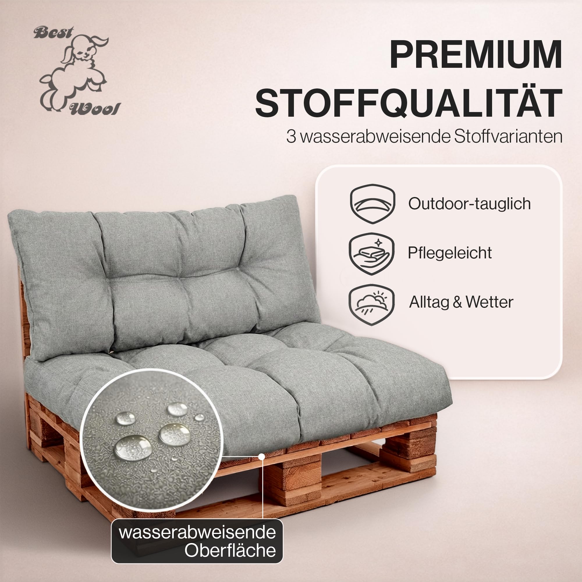 Ensemble de Coussin Palette imperméables – Assise pour palettes Europe – Coussins pour palettes rembourrés avec Mousse granulaire Poulirette – Inclut Un modèle 120x80 + Dossier 120x40