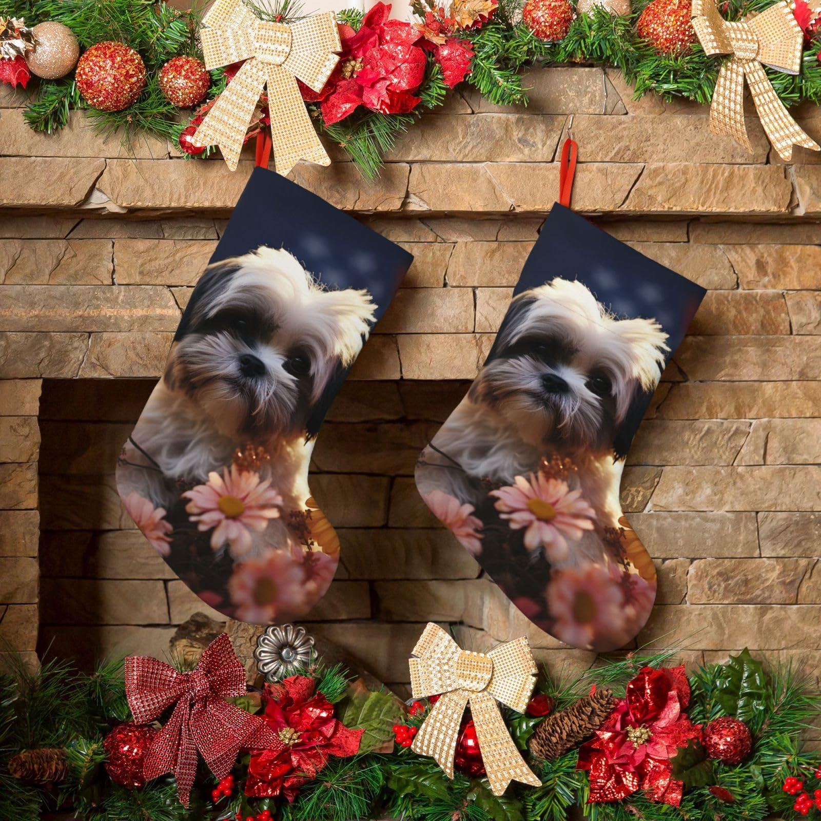 KLOPH Christmas Stockings 18" Personalized Xmas Stocking Shih Tzu Dog and Flowers Decoration Stockings Hanging Ornaments Fireplace Stocking for Holiday Xmas Tree Christmas Decor