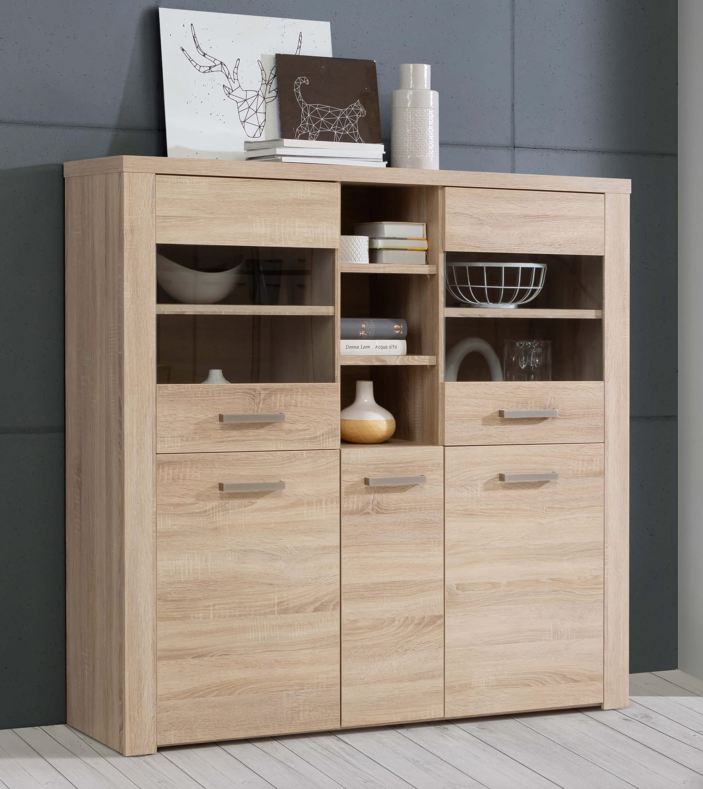 Newroom Vitrinenschrank Sandeiche Modern - Großer Glasschrank 80x184x41,5cm Für Wohnzimmer & Büro