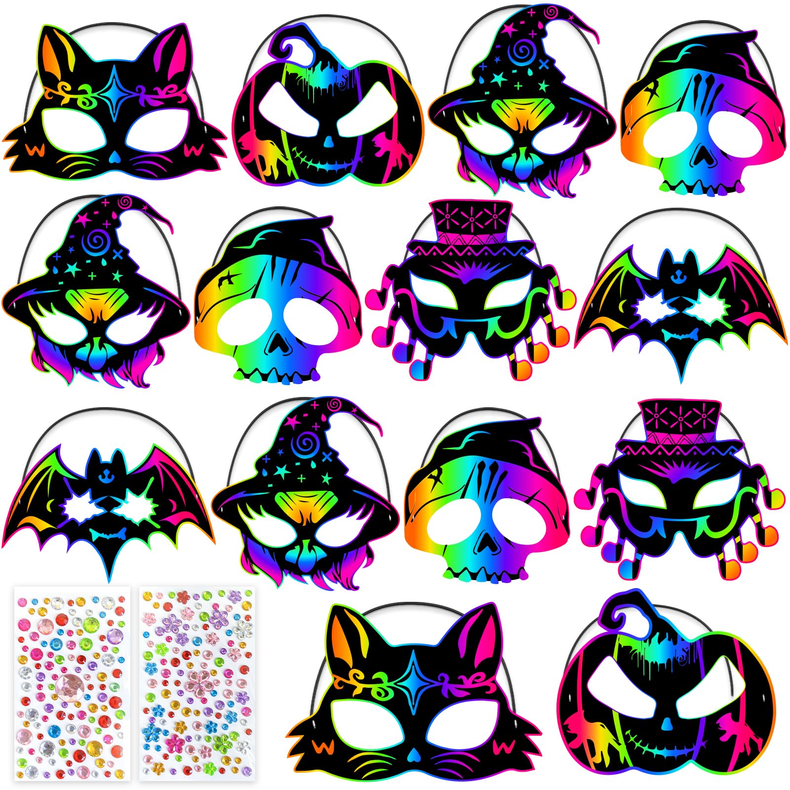 Zenoble 36 PCS Halloween Crafts Scratch Masks for Kids Halloween Games Scratch Art and Craft Kit DIY Rainbow Magic Scratch Paper Mask for Cosplay Decoration Party Favors Supplies Classroom Activities
