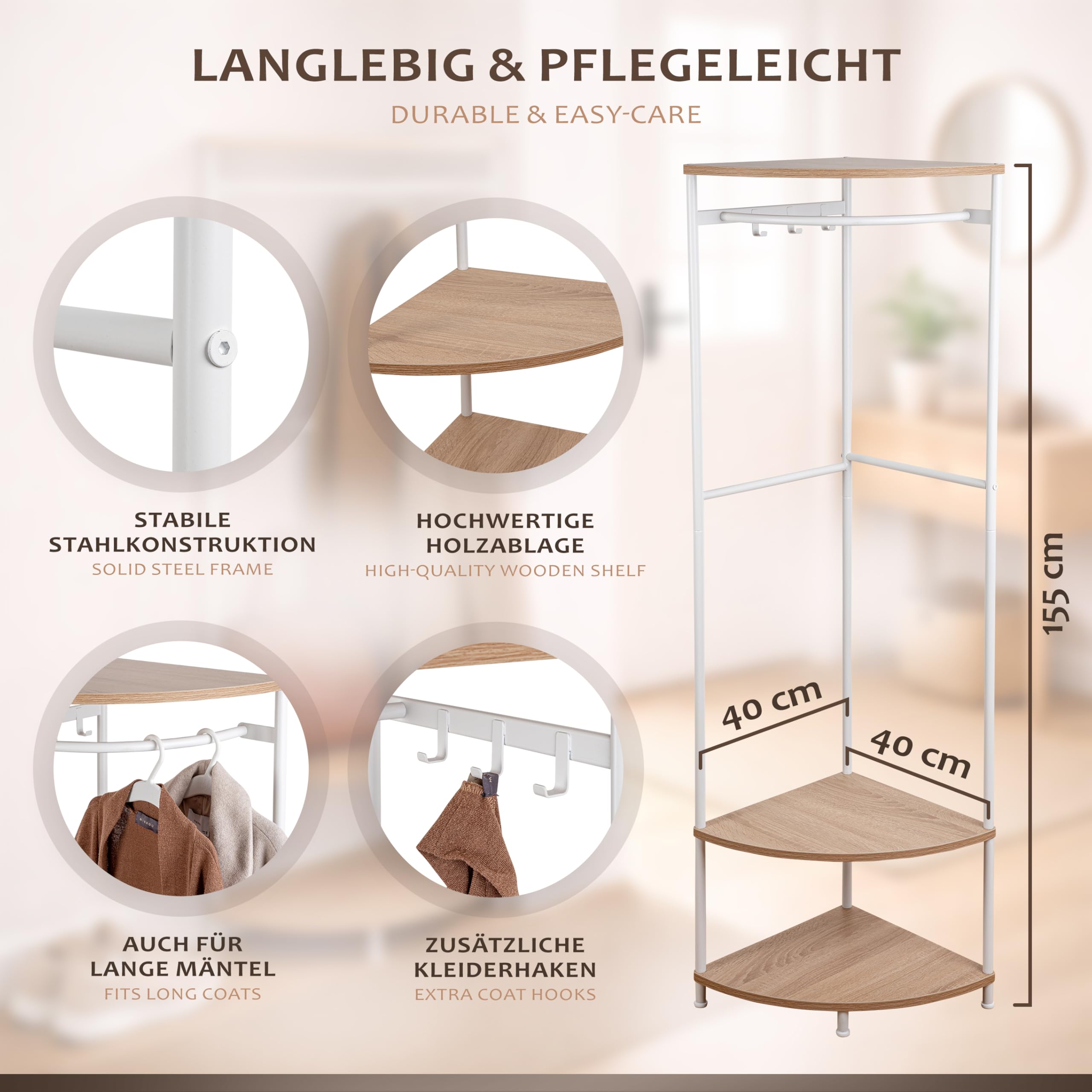 ONVAYA® Appendiabiti ad angolo, elegante e compatto, con ripiano e asta appendiabiti, per corridoio, salvaspazio, appendiabiti angolare di alta qualità