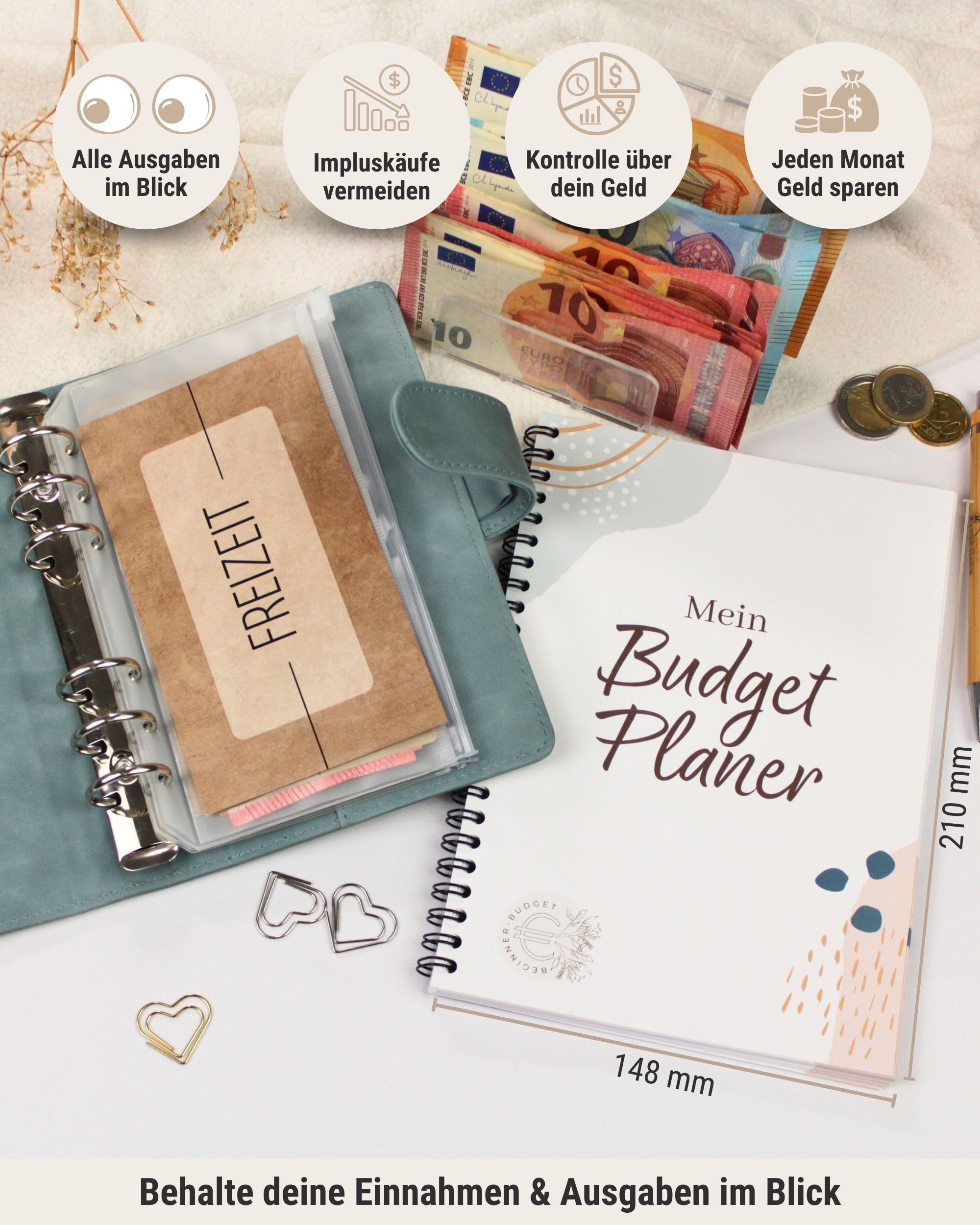 BeginnerBudget® Budget Planner Deutsch - Starterset mit Sparchallenge + Budgetplaner (144 Seiten) - Sparen mit Umschlagmethode + Anleitung Ringbuch, Binder A6 Wildleder, vegan (Braun)
