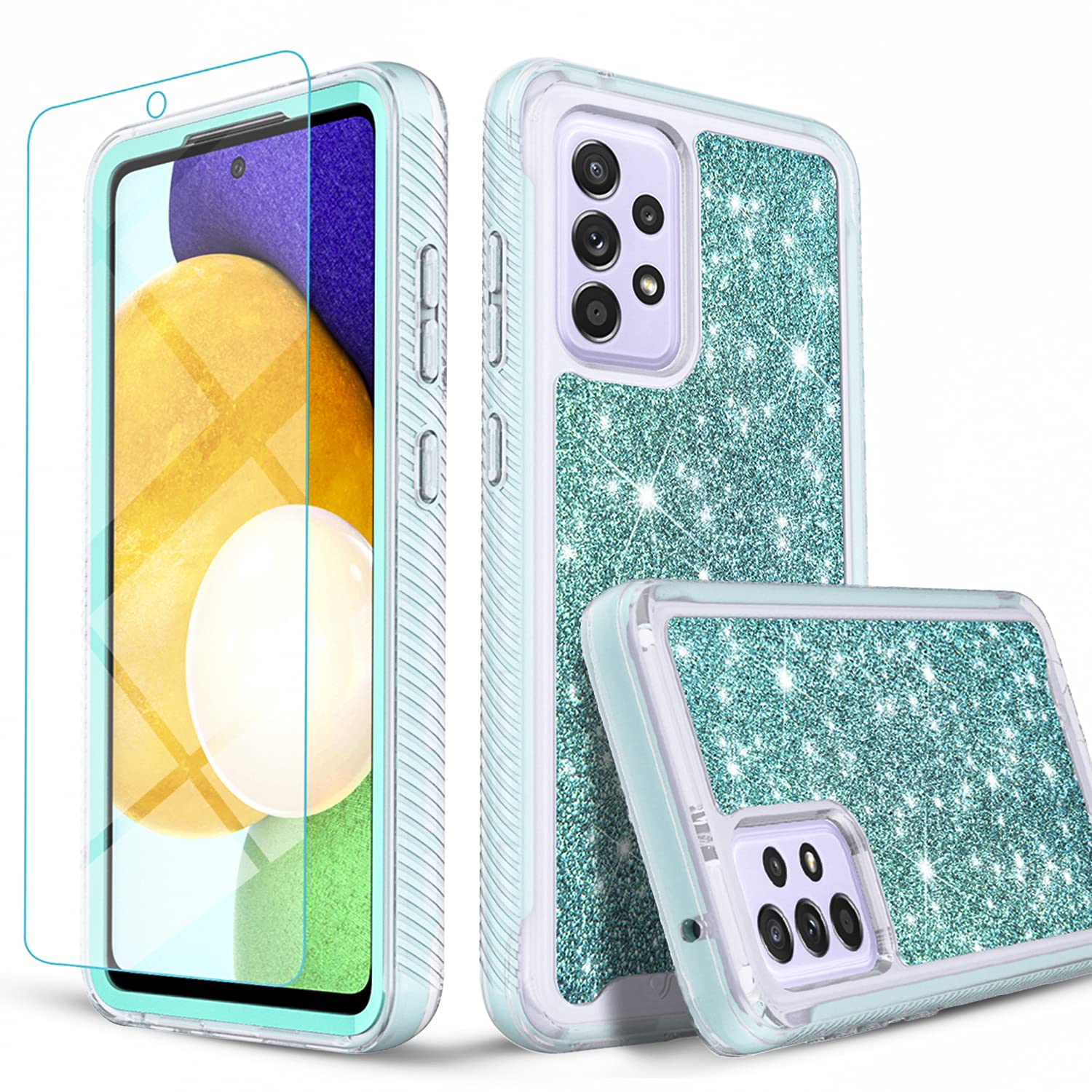 Samsung A52 5G Case, Galaxy A52 5G Case, with [Tempered Glass Screen Protector Included], Circlemalls Military Grade Military Grade 12 Feet Shockproof Cover Glitter Spot Diamond- Teal