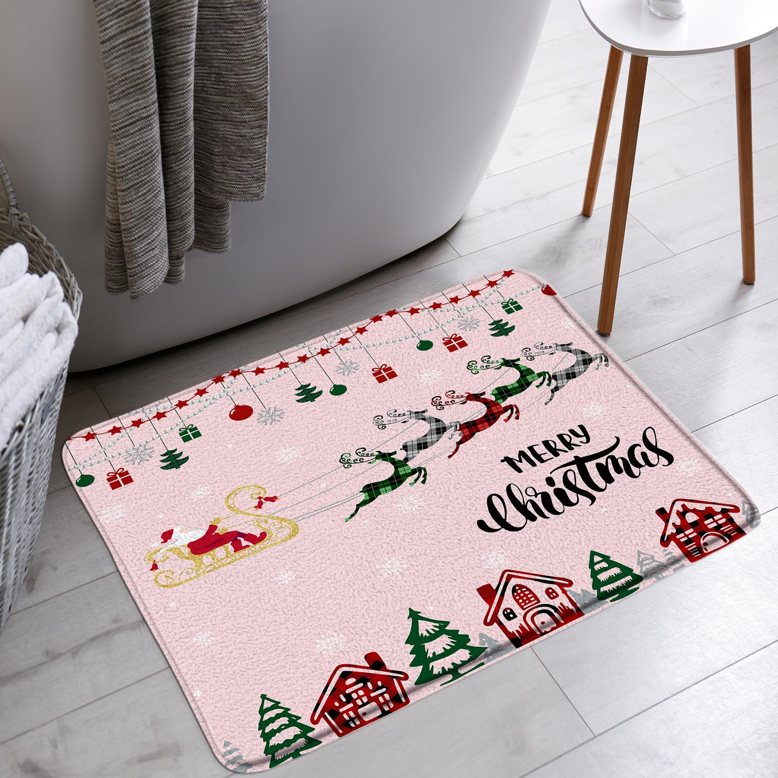 Merry Christmas Bath Mat Red Green Check Plaid Reindeer Santa Claus Sleigh Snowflake Winter Holiday Bathroom Bathtub Floor