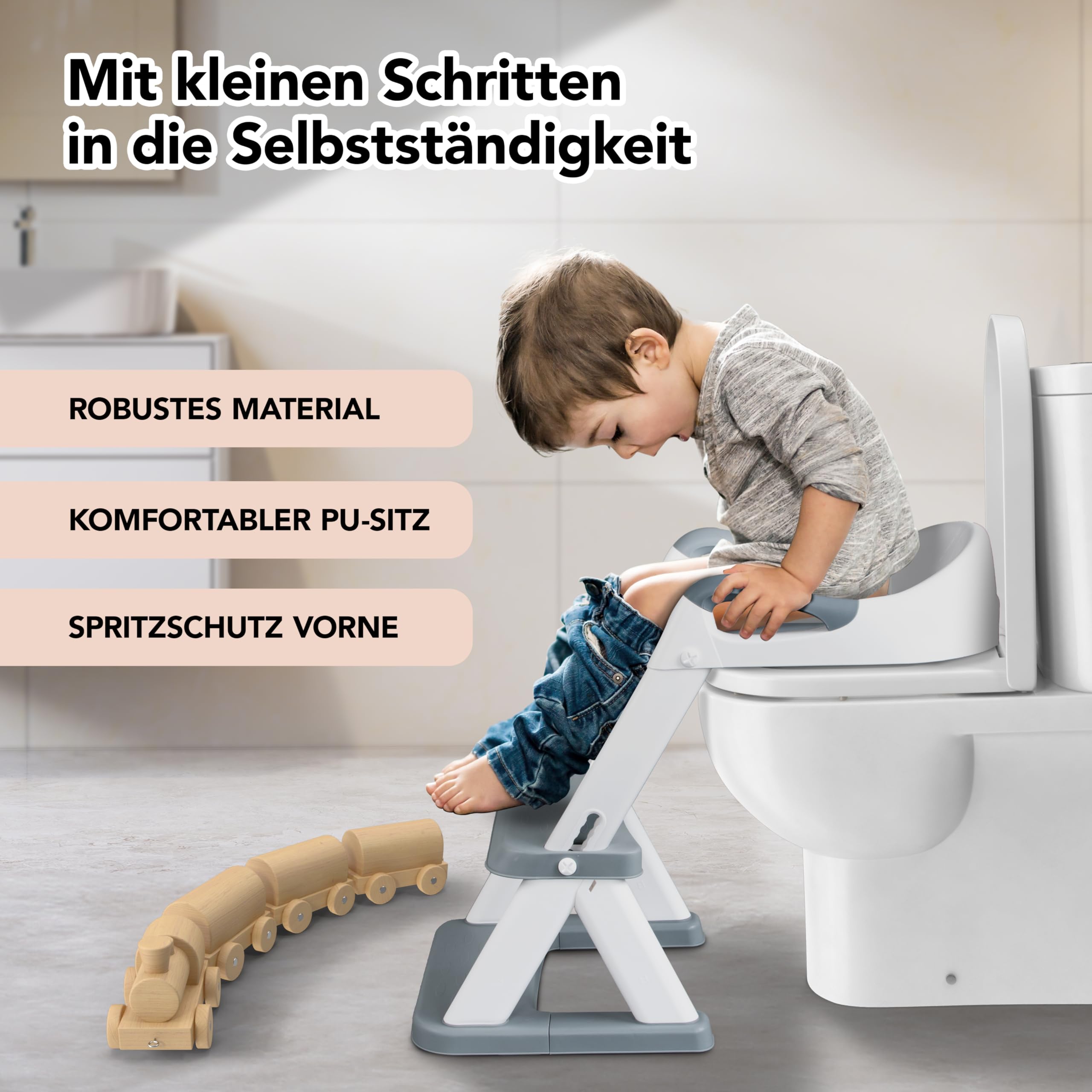 KidzCorner Kinder Toilettensitz mit Treppe, höhenverstellbare Toilettenleiter klappbar auch als Tritthocker verwendbar. WC Sitz fürs Töpfchen Training.