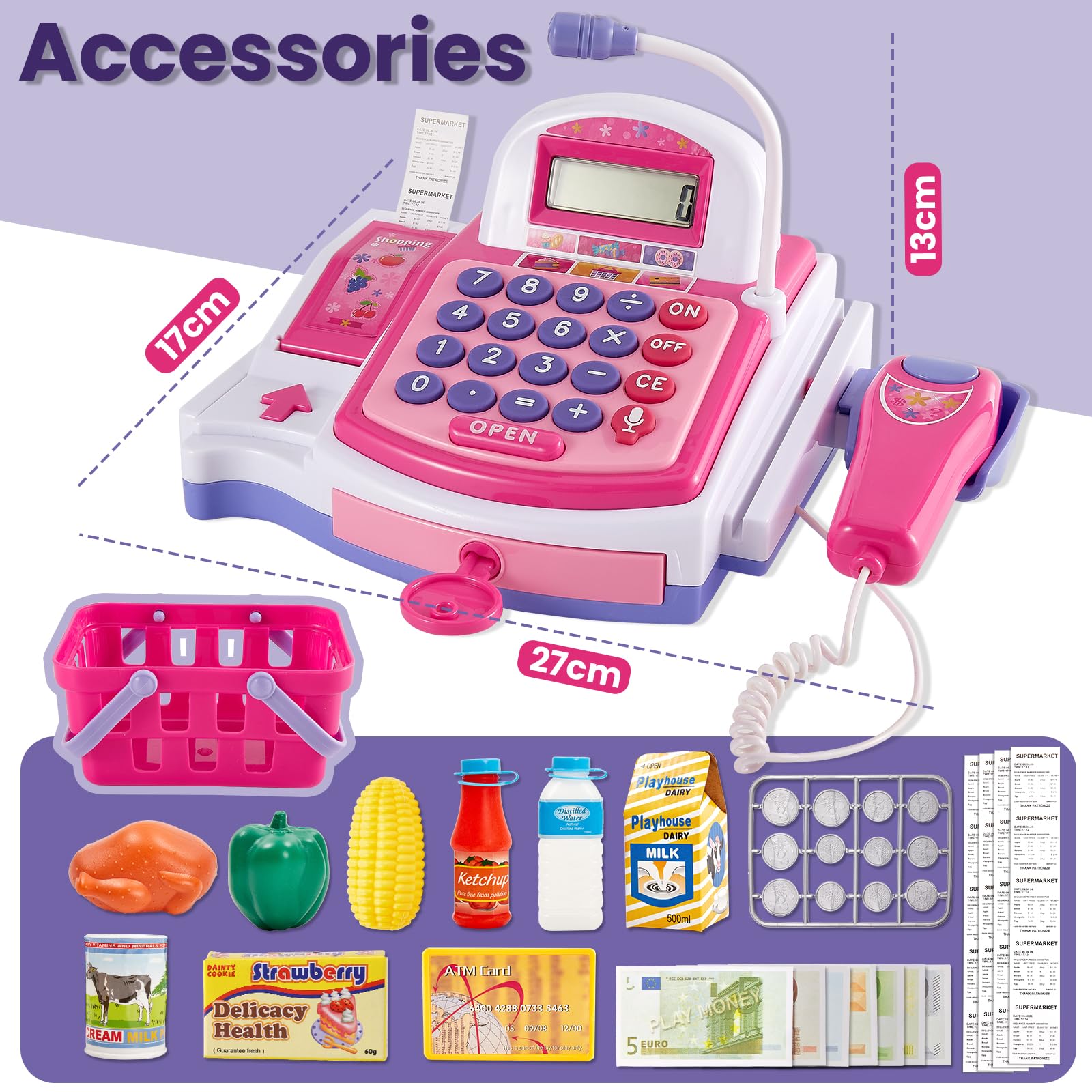 Buyger Grande Caisse Enregistreuse Enfants de 3+ Ans, Imprimante Automatique de Reçus et Scanner, Accessoires de Jouets Alimentaires Marchands, Jeux de Rôle, Cadeaux Éducatifs pour Garçons Filles