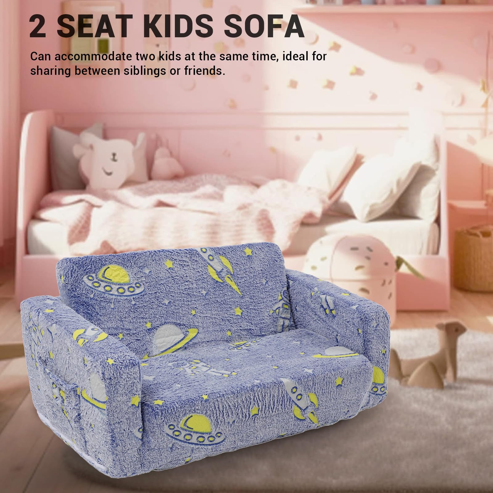 Sofa dla Dzieci, Składana Kanapa Malucha 2 w 1 ze Zdejmowanym Pokrowcem świecącym w Ciemności, Rozkładana Sofa do łóżka dla Dziewcząt i Chłopców do Nauki (BLUE)