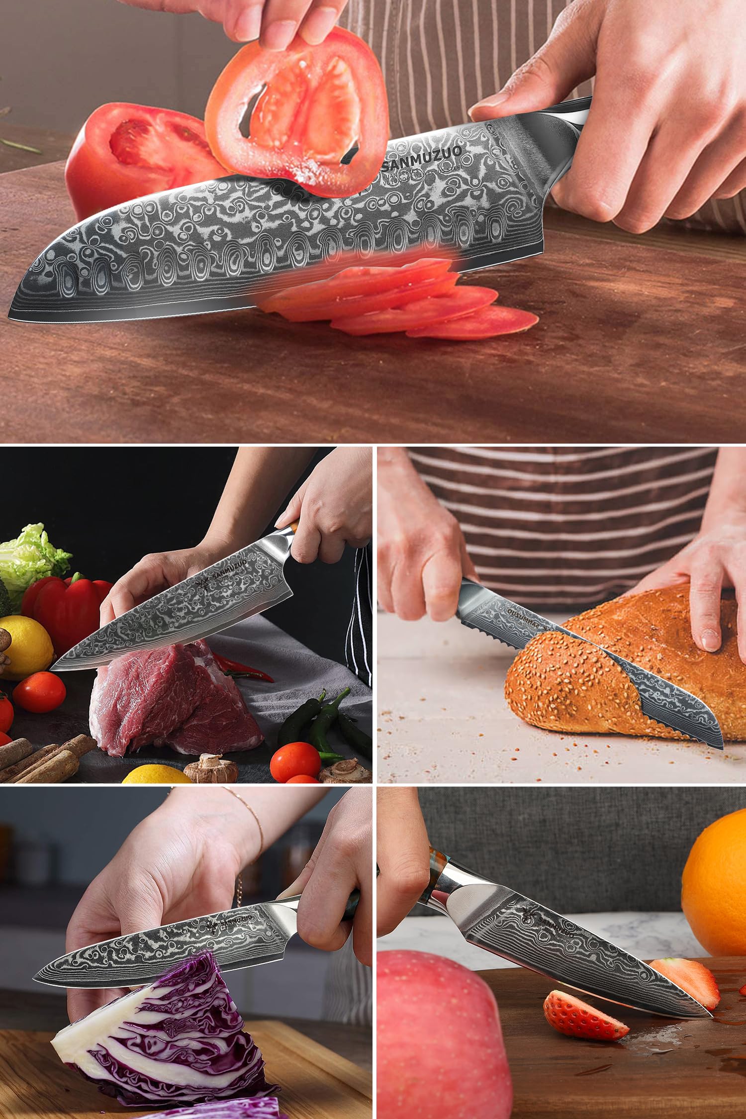 Ensemble de couteaux de chef - Set de couteaux de cuisine de 5 pièces - Acier de Damas VG10 ultra-tranchant et manche en résine - Série Xuan(Orange Fantastique)