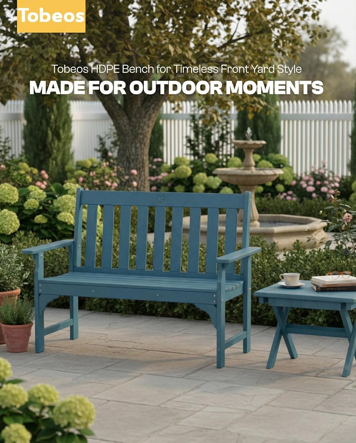 2-Person Outdoor Garden Bench, HDPE All-Weather Patio Bench with Backrest & Armrests, Heavy Duty Outdoor Seating for Porch, Backyard & Park, 660 lbs (Navy Blue, 1 Bench)