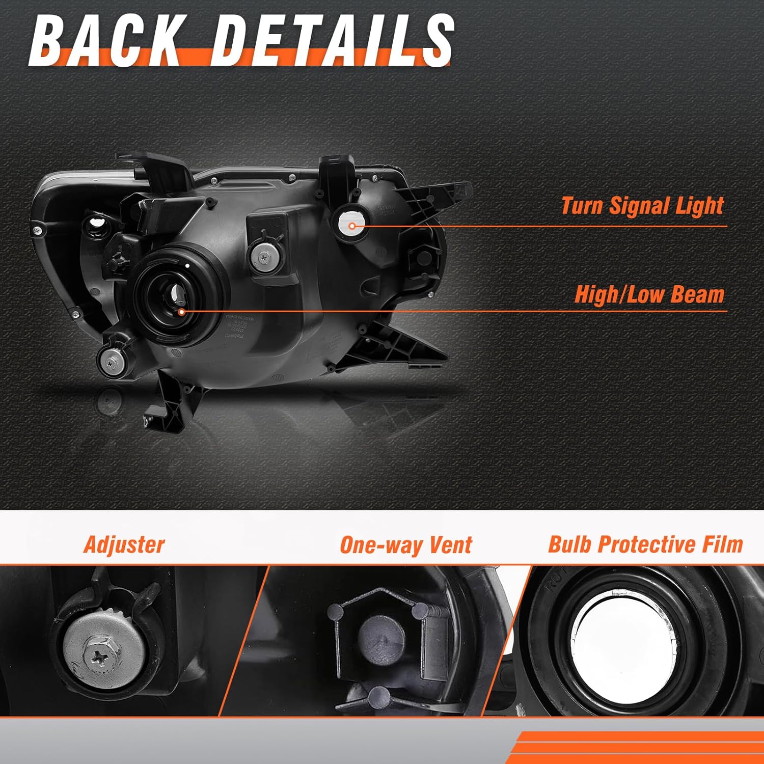 Bag view of the AXLAHA Headlight Assembly, showing the adjuster, one-way vent, and bulb protective film.