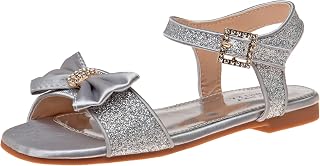 Toddler Girls Sandals - Kids Dress Shoes Slip-On Open Toe Flat Sandal Rhinestone Strappy Bow Ankle Buckle Glitter (Little Kid/Big Kid) (White/Silver/Pink)