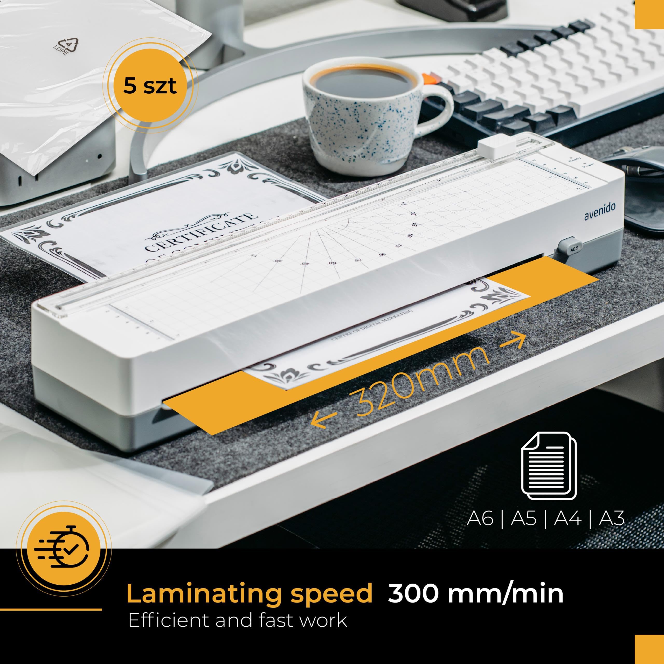 Laminator A3, A4, A5, A6, laminator na gorąco 80-125mic, laminarka, czas nagrzewania 3-5 min., prędkość laminowania 300mm/min., wbudowany trymer, dwie rolki grzejne, 5 folii w zestawie (biały)