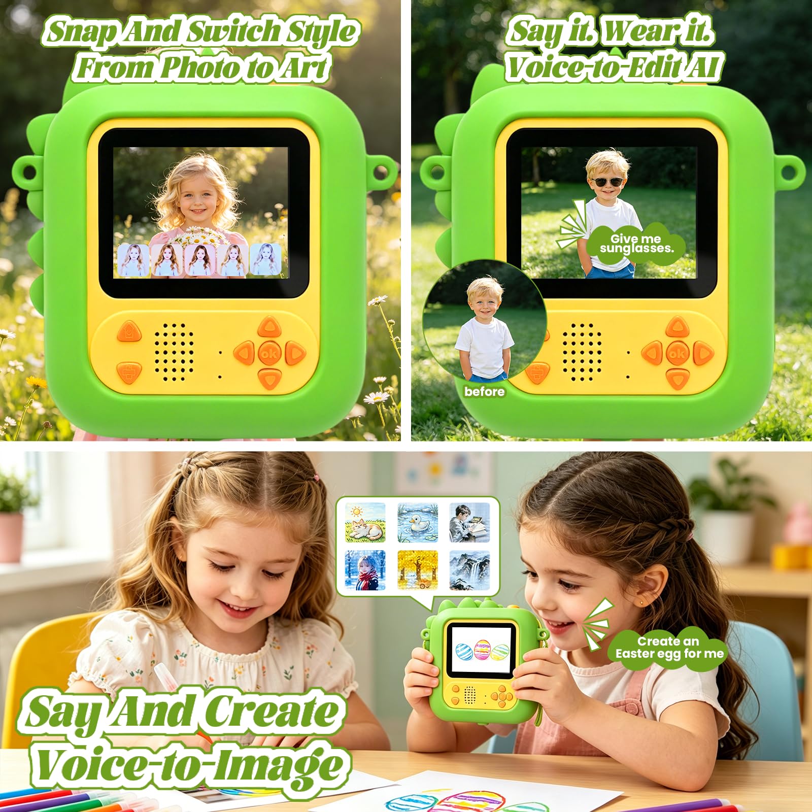 ARNSSIEN AI Aparat Cyfrowy dla Dzieci, Aparat Natychmiastowy, 1080P | Aparat Natychmiastowy dla Dzieci AI, Rozpoznawanie Obiektów, Czat AI, Bluetooth, Wi-Fi, IPS 2,4", prezent 3–12 lat, AI M2