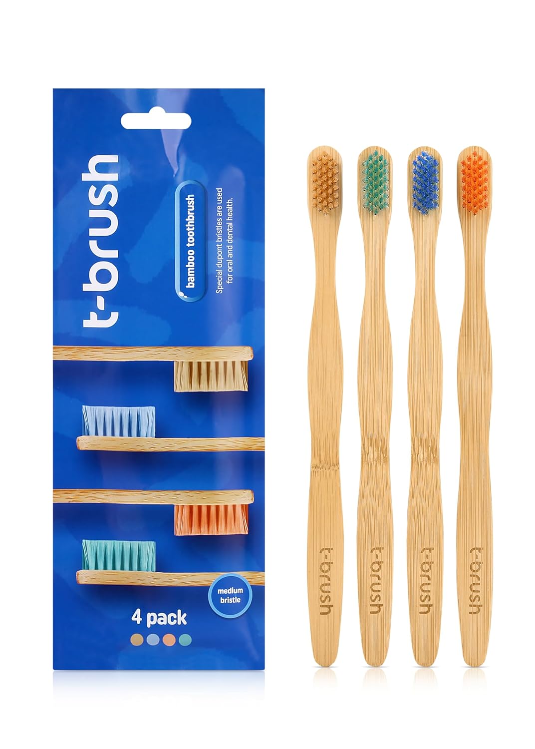 Escova de Dente t-brush Bamboo, Pacote com 4, Cerdas Médias e Ecológicas