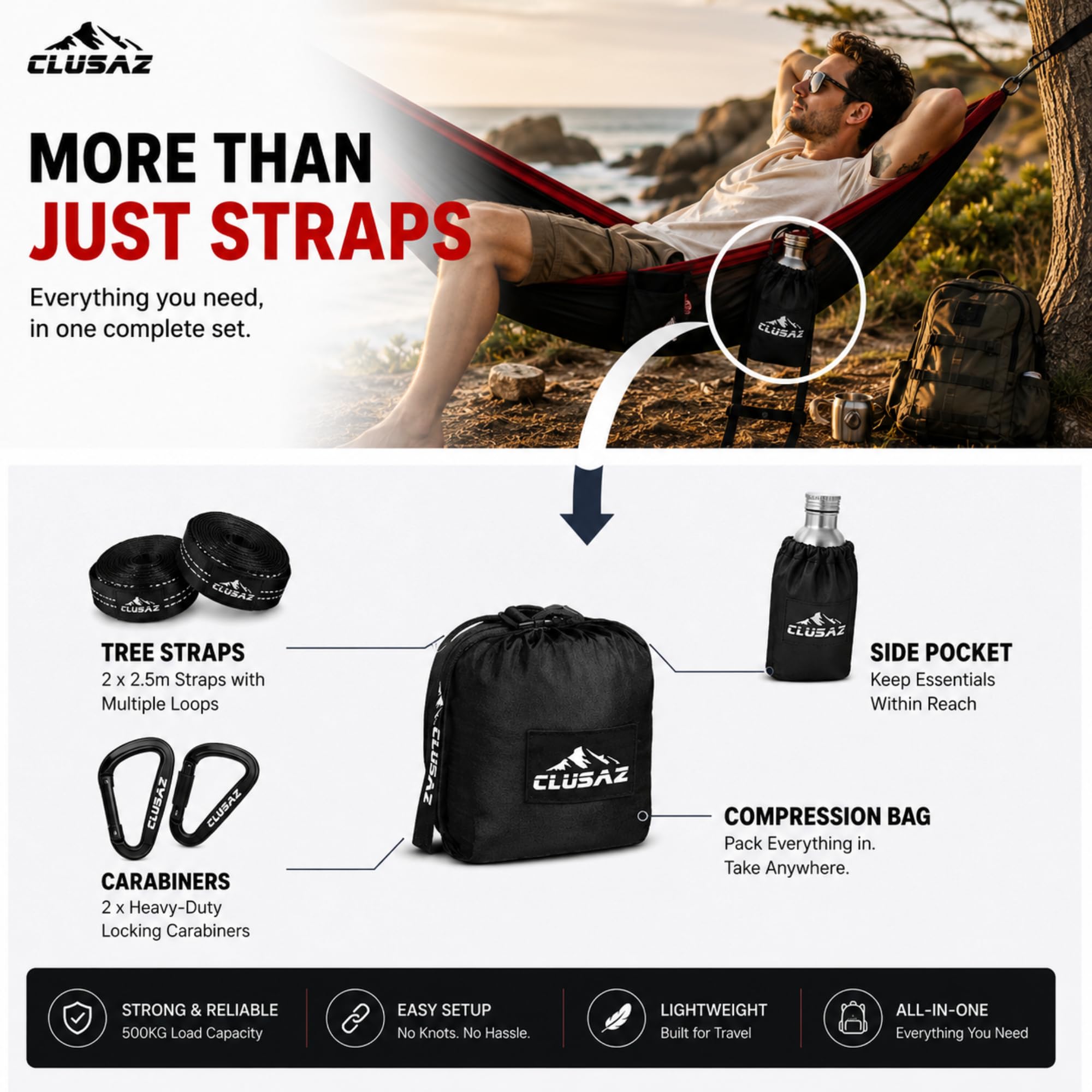 Amaca Doppia Outdoor 2 Persone 300x200cm – 500kg Ultra-Resistente – Nylon Ripstop Diamond – Senza Nodi 60 sec – Moschettoni Lisci – Borsa Comprimibile – Garanzia 10 Anni