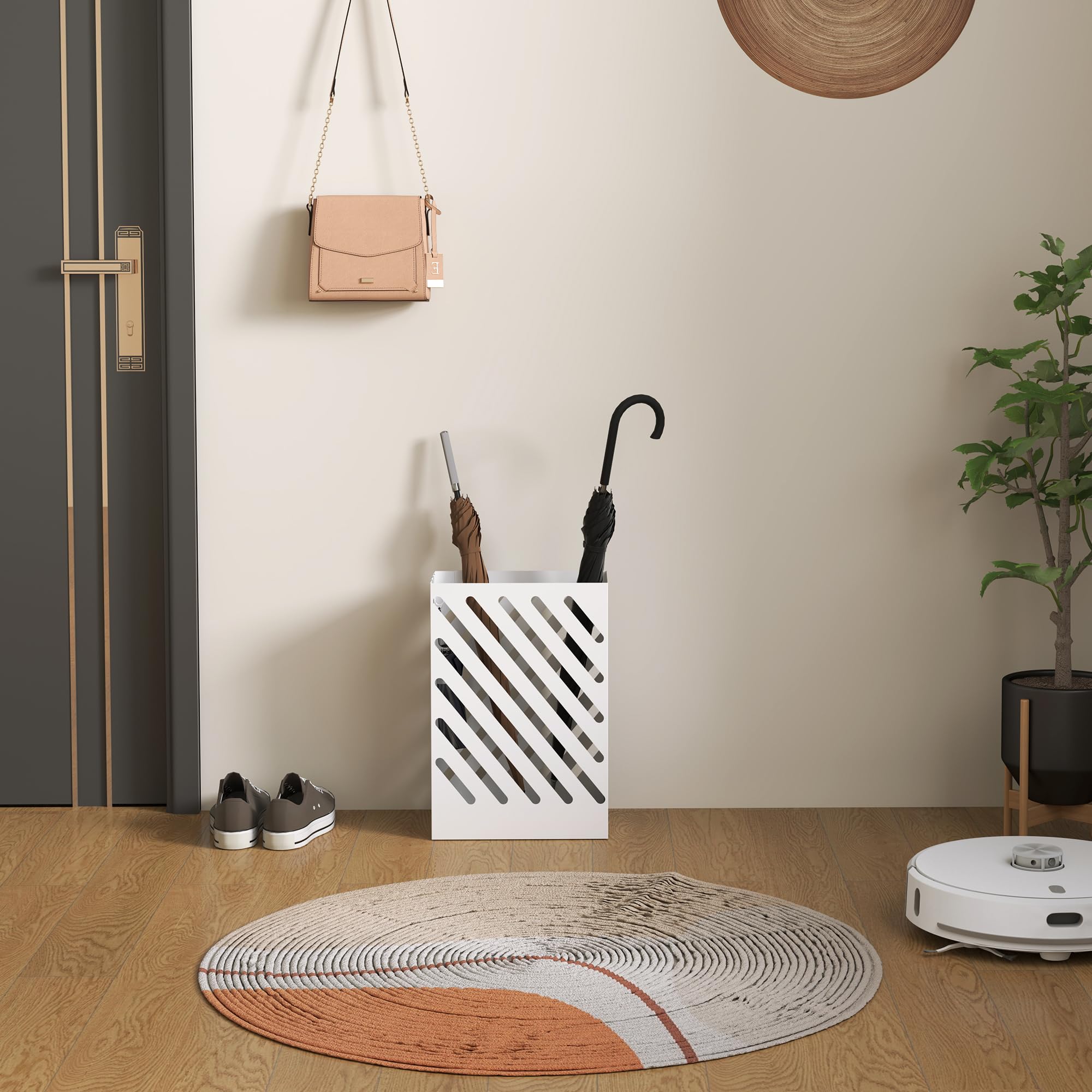 HOMCOM Portaombrelli Design Moderno con Vaschetta Raccogli Gocce, Porta Ombrelli in Acciaio Zincato con 4 Ganci per Ingresso e Corridoio, 28x14x41 cm, Bianco