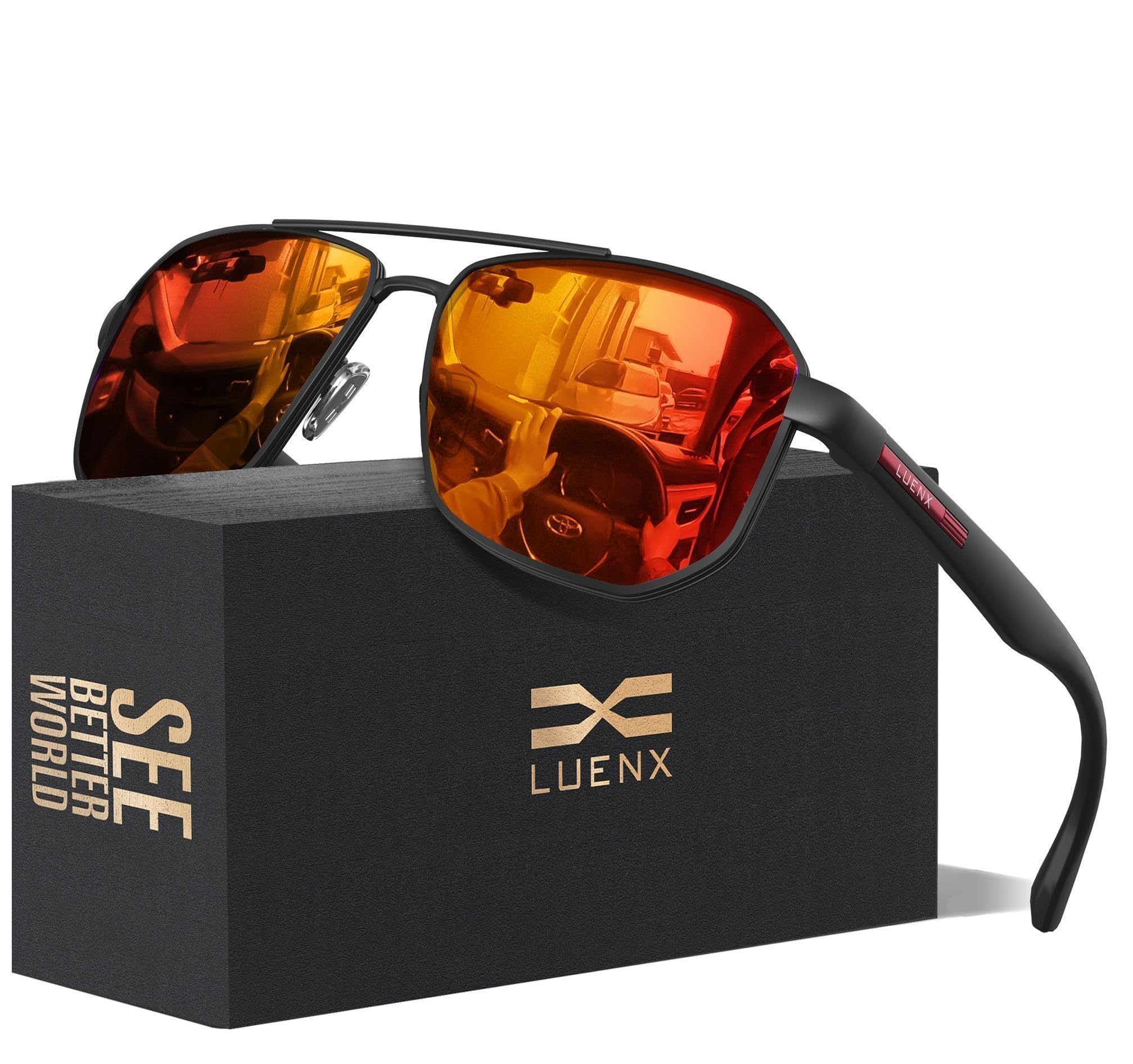 LUENX Aviator Sunglasses for Men Square Polarized Polygon Lens - UV 400 Protection with Accessories 61MM Driving Outdoor