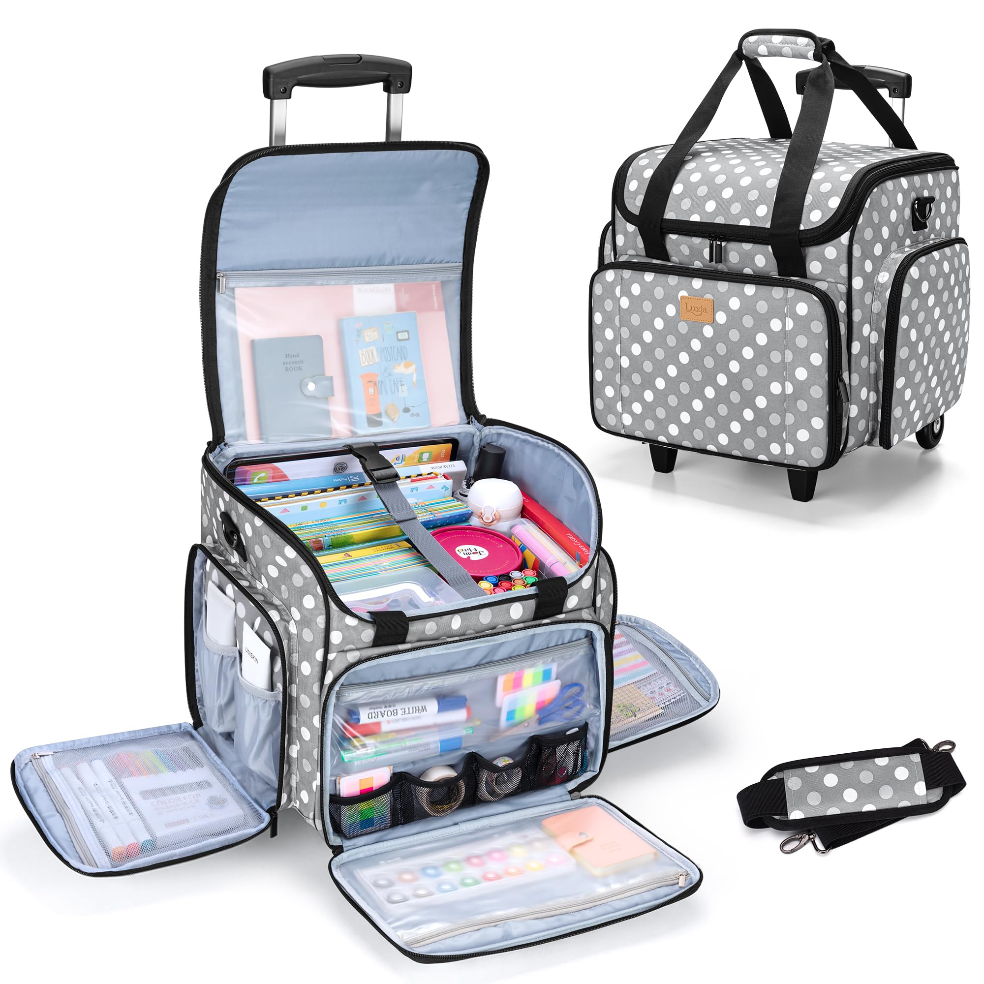 Luxja Sac à roulettes pour Professeur avec Plusieurs Poches et Coussin de Soutien Inférieur, Sac de Transport pour Enseignant avec Chariot Détachable (Brevet de Conception), Pois Gris