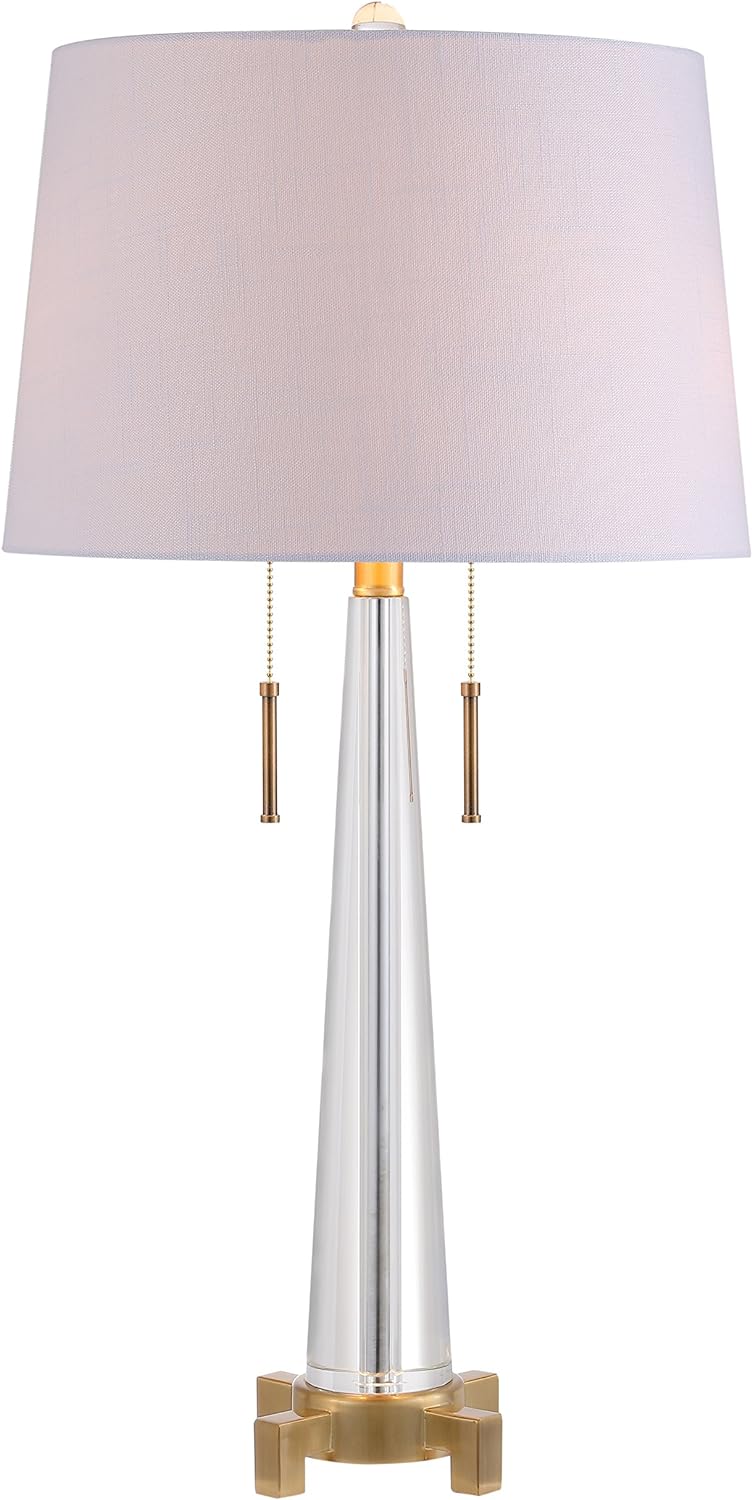 JONATHAN Y 29.5" Clear/Brass Gold 2-Light Crystal LED Table Lamp, Contemporary Glam Bedside Lamp for Living Room, White Linen Drum Shade, Pull Chain, LED Bulbs Included JYL2018A