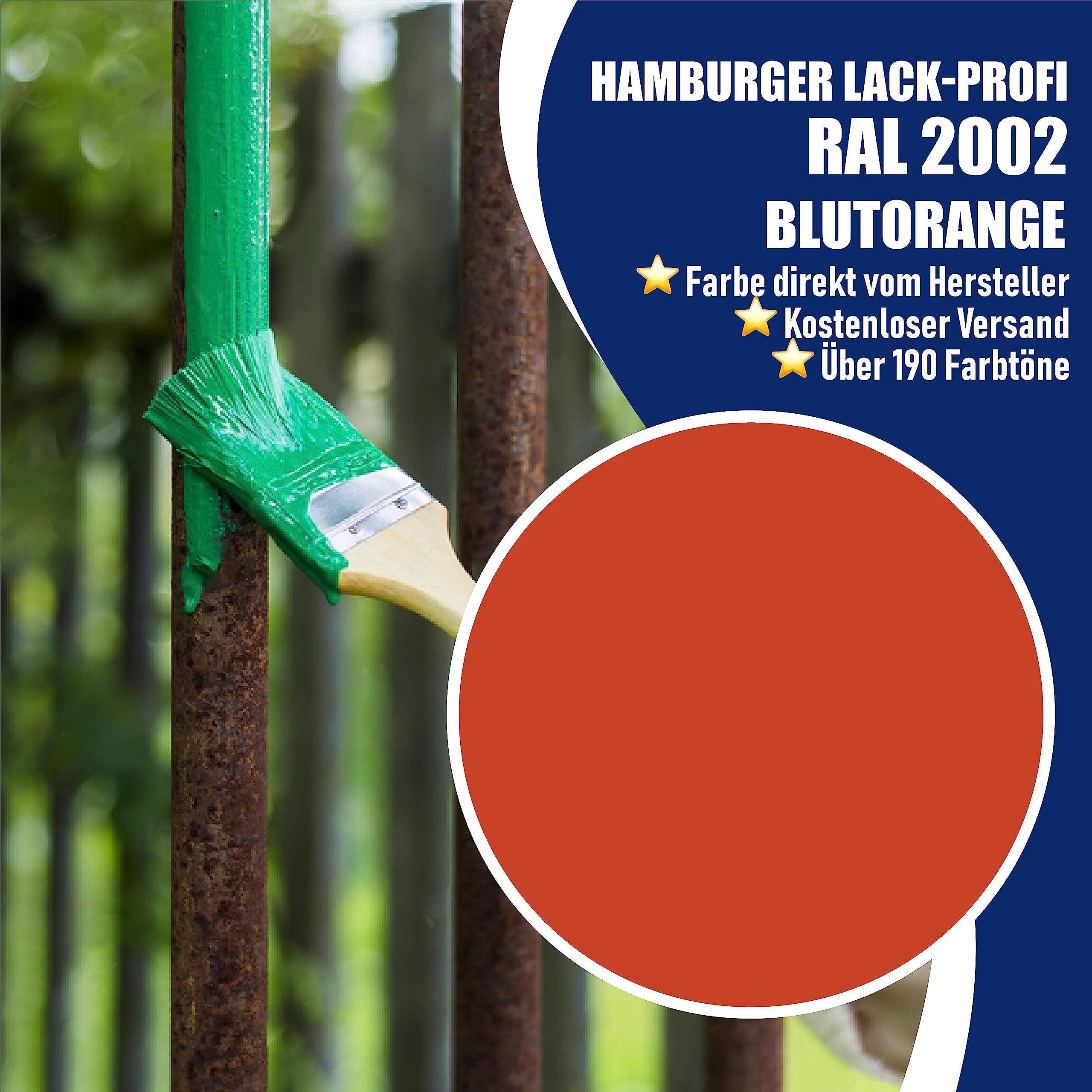Metallschutzlack 3in1 SEIDENMATT Blutorange RAL 2002 Orange Metallschutzfarbe 3-in-1 Grundierung, Rostschutz und Deckanstrich in Einem Metalllack Metallfarbe // Hamburger Lack-Profi (1 L)
