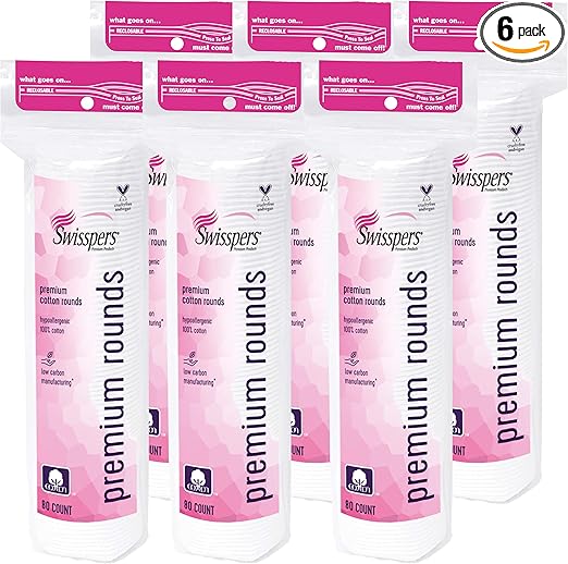 Swisspers Premium Cotton Rounds, Hypoallergenic, 80 Count, Pack of 6 (480 Rounds Total)