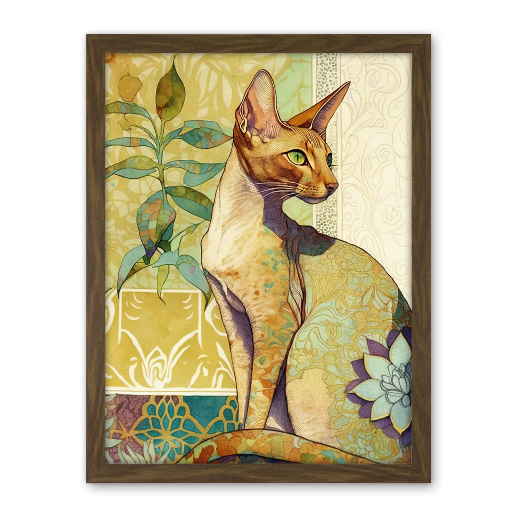 Artery8 Oriental Shorthair Cat with Art Nouveau Botanical Patterns Colourful Watercolour Illustration Artwork Framed Wall Art Print 18X24 Inch