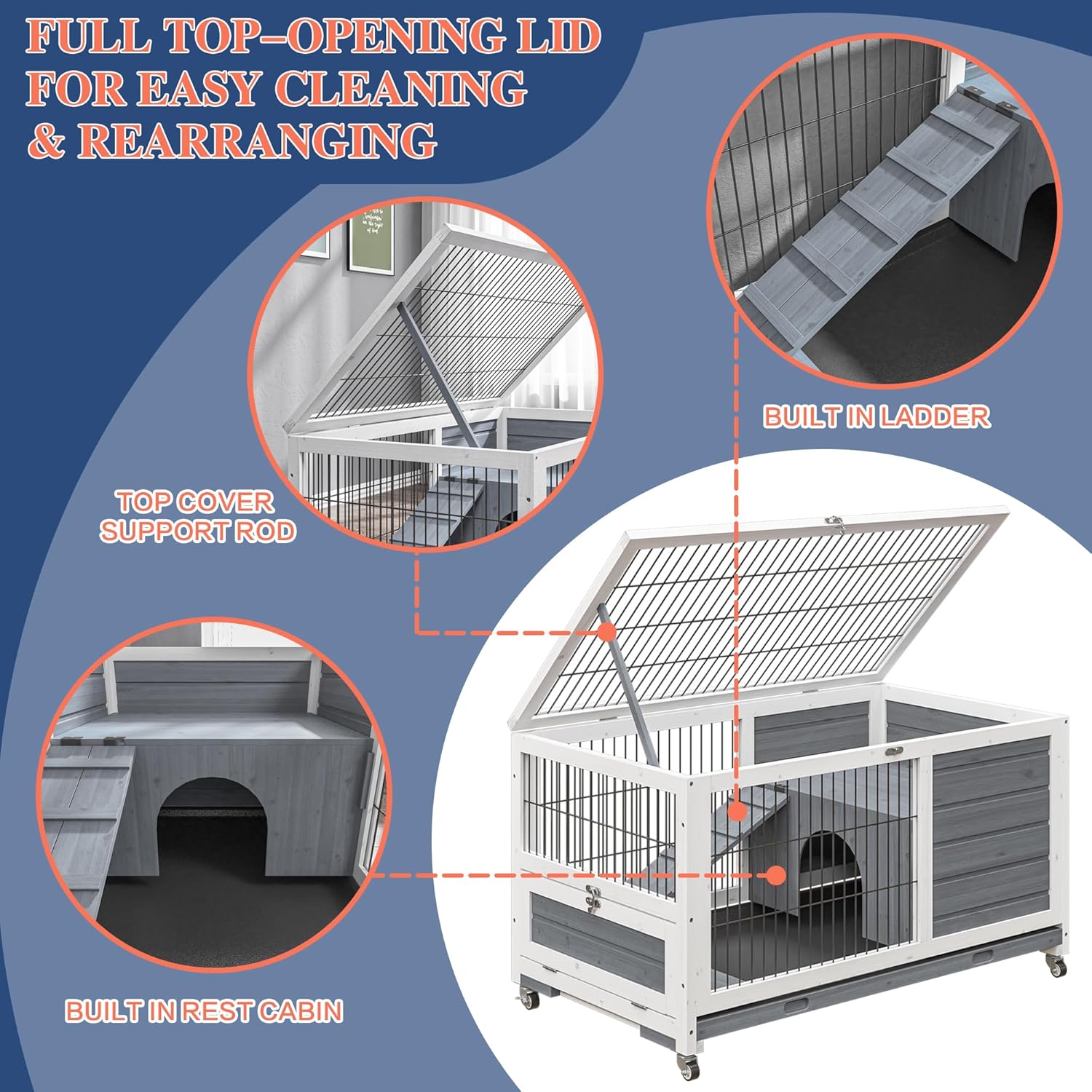 Rabbit Hutch Indoor/Outdoor with Wheels, 2 Story Wooden Bunny Cage Leak-Proof Trays & Easy Feed Support Rod, Large Guinea Pig House with Ramp, Pet Habitat for Small Animals (Light Grey)