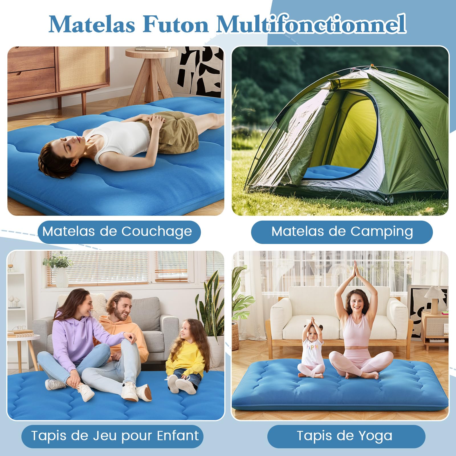 COSTWAY Matelas Futon Japonais 140 x 200 cm, Matelas Portable Pliable, Housse Lavable, Matelas de Sol avec Sac de Transport, pour Camping, Voyages (Bleu)