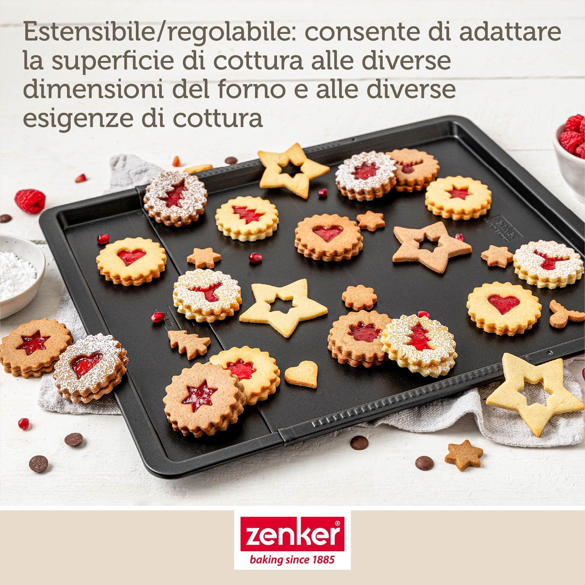 Zenker Perfect Black - Teglia da forno e biscotti, 37-52 cm, regolabile in lamiera d'acciaio con doppio rivestimento antiaderente, resistente al calore +230 °C, Made in Germany