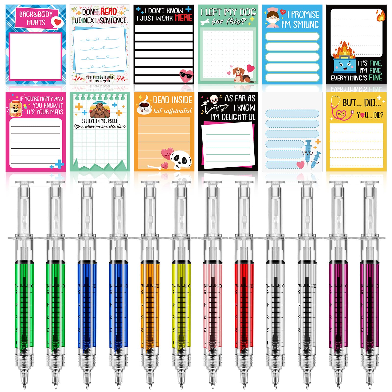 Resholder 24 Pcs Funny Nurse Gifts Nursing Sticky Notes Syringe Pens to Do List Notepad Retractable Multi Color Pens for Medical Coworker Employee