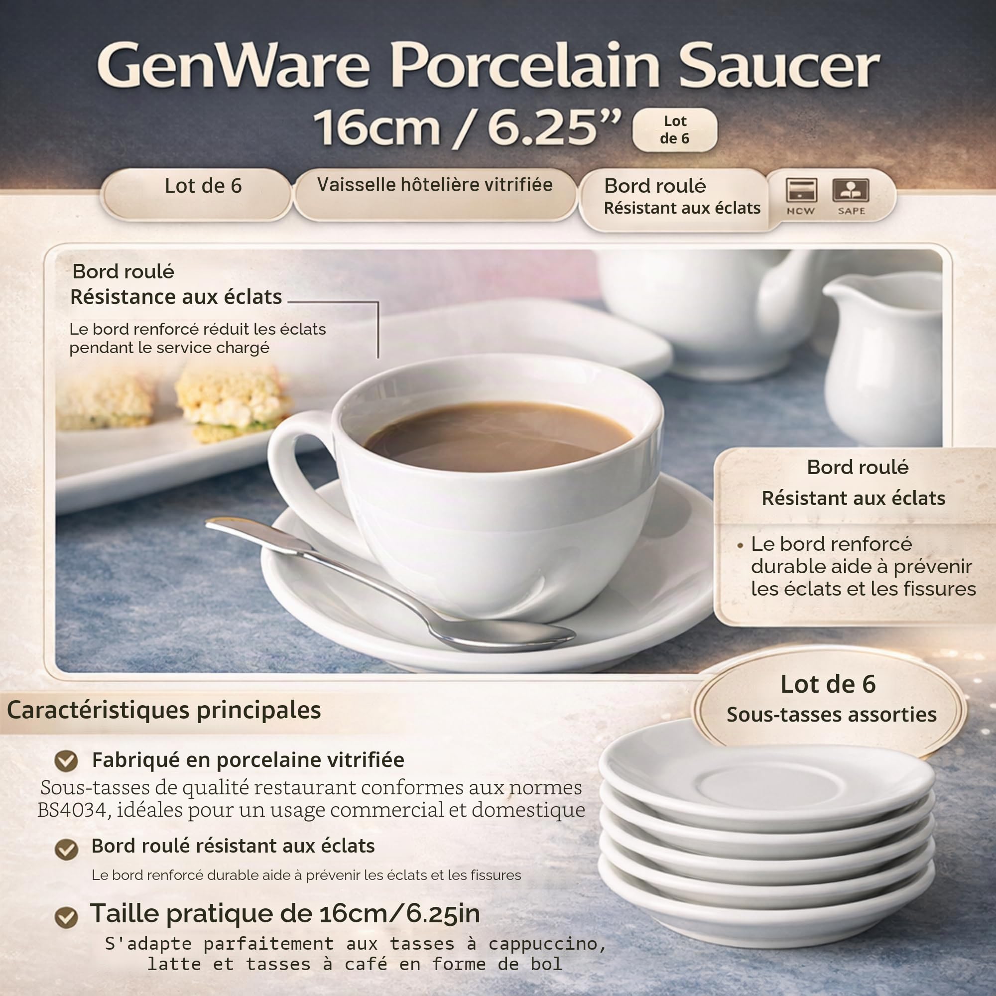 Genware Royal Lot de 6 soucoupes en porcelaine Blanc 16 cm