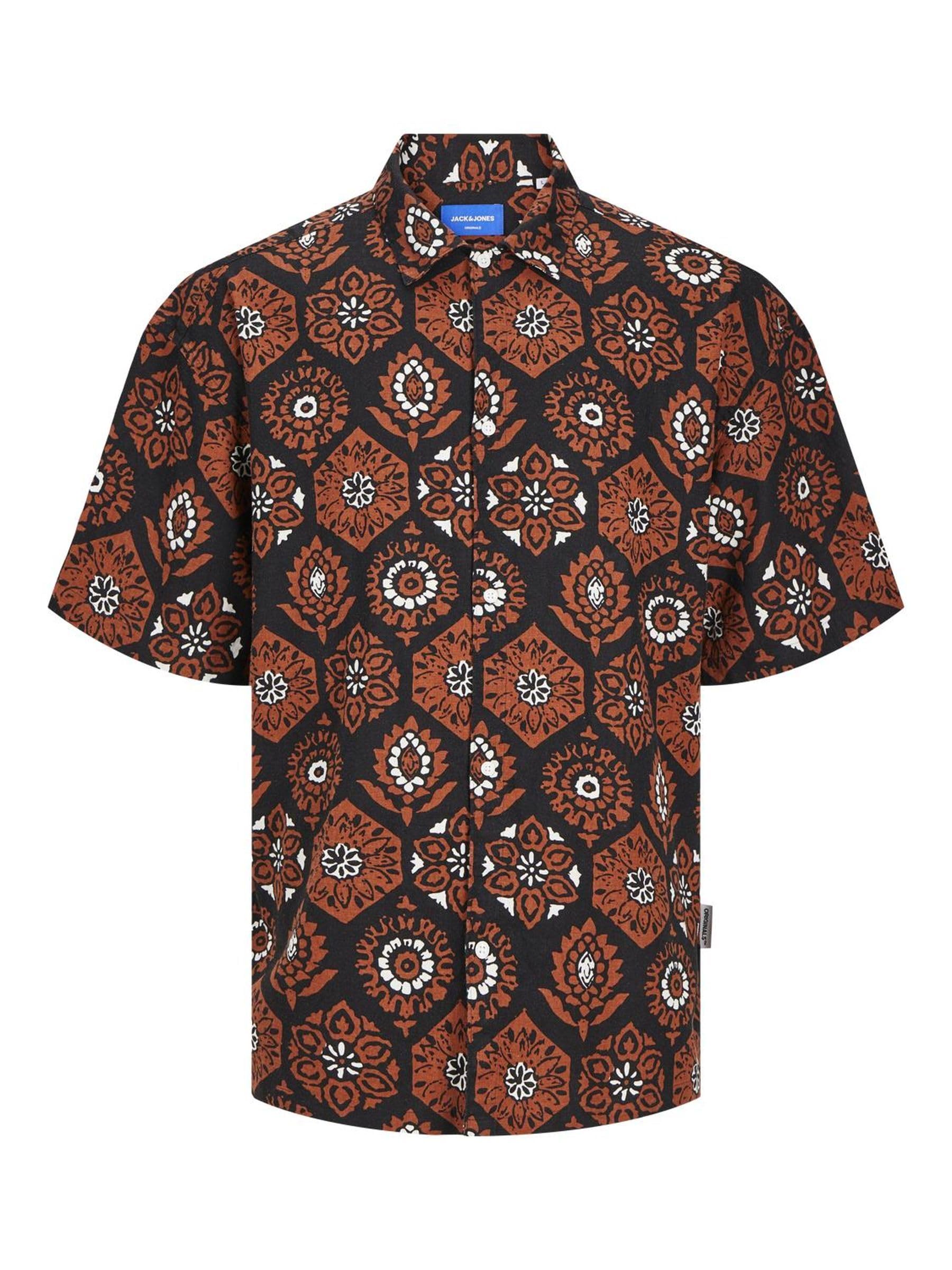 JACK & JONES JORNOTO Linen AOP Shirt SS LN, Black, M