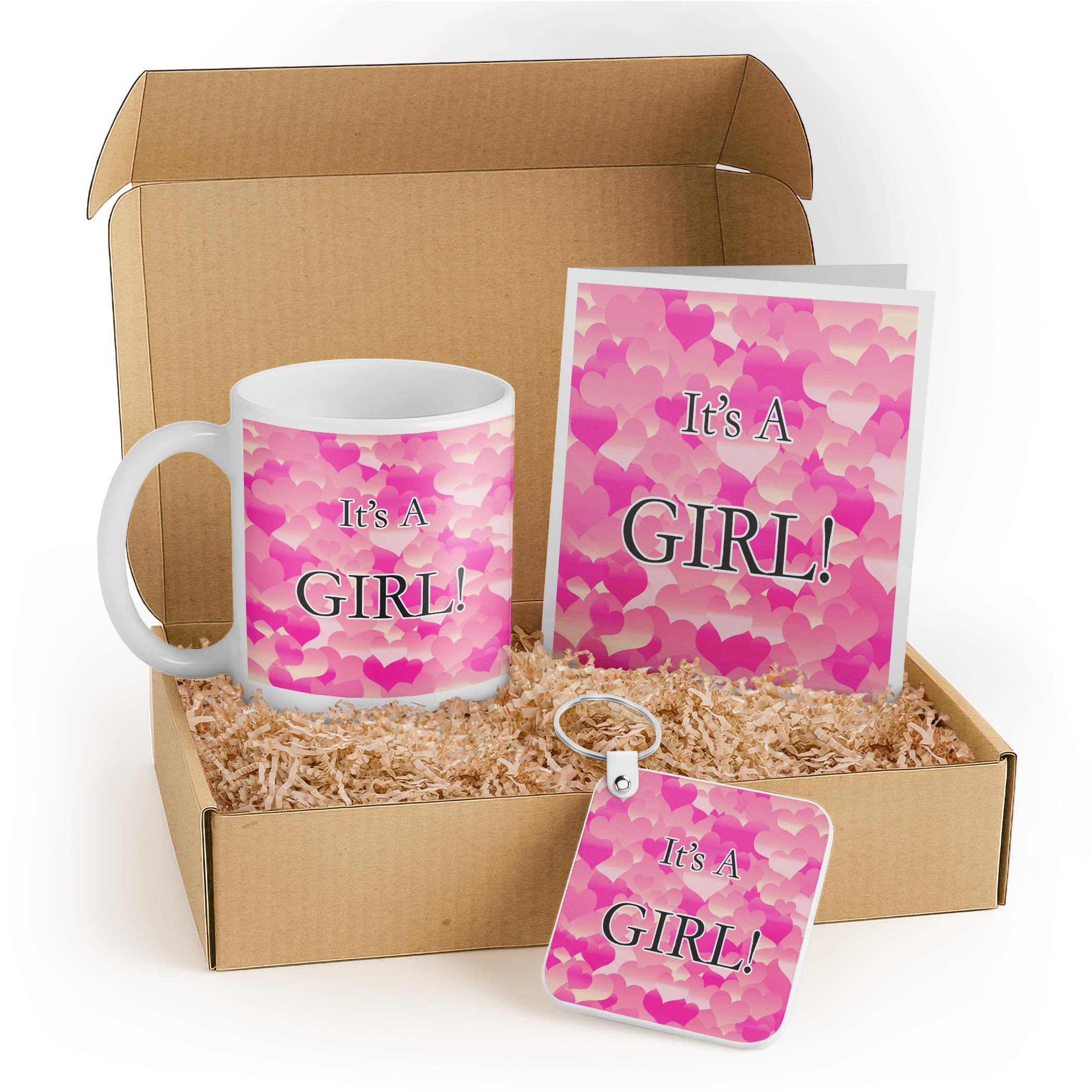 3dRose Baby Girl Announcement Gift Set - Mug, Card, and Keychain - Perfect for New Parents, Baby Showers, and Gender Reveals - Pink Hearts Design